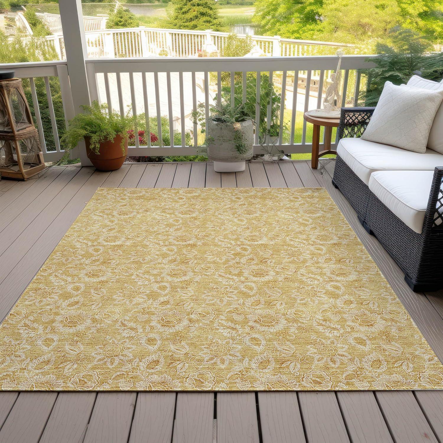 Gold Floral Pattern 8' x 10' Indoor Outdoor Area Rug