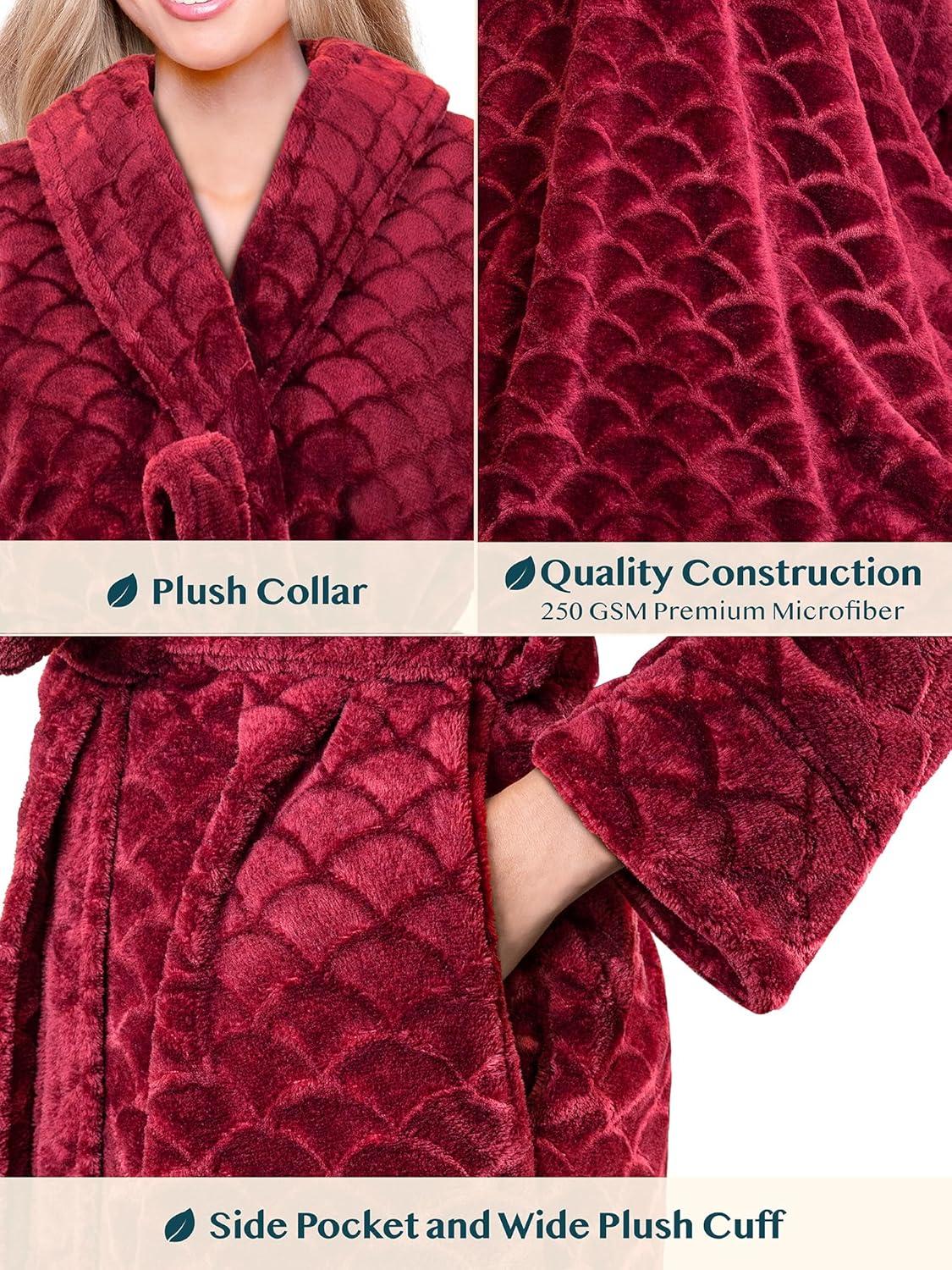 PAVILIA Short Robes for Women, Plush Soft Bathrobe Womens Lightweight, Fluffy Fuzzy Robe Knee Length, Shower Spa (Dark Red, Large-X-Large)