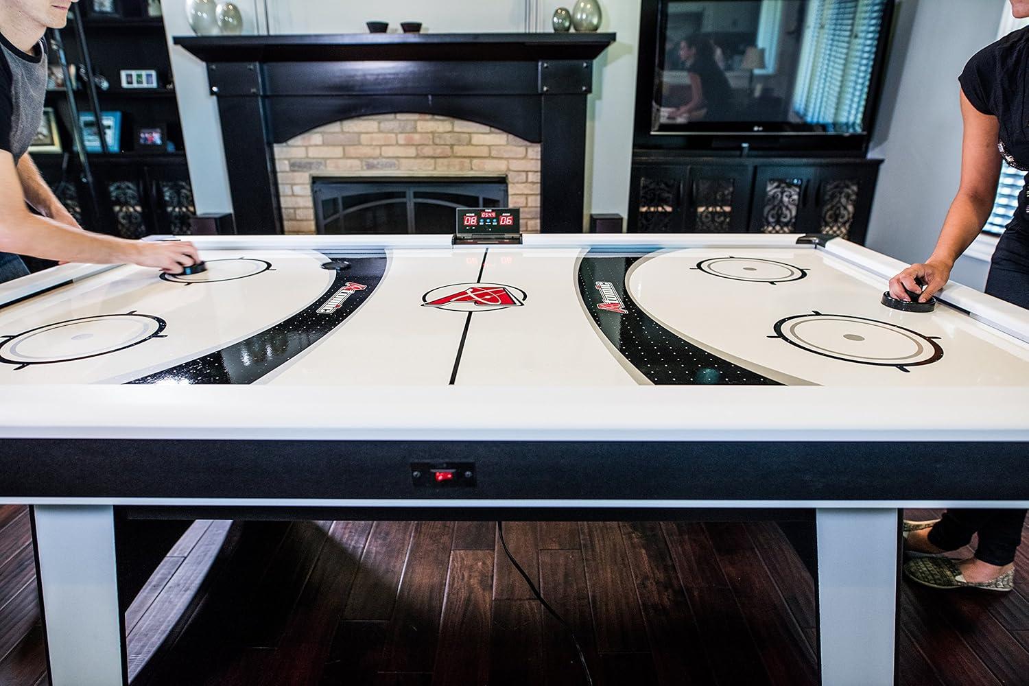 Atomic Blazer 7' Air Hockey Table with Heavy-Duty Blower, Electronic Scoring, Leg Levelers, and Overhang Rail