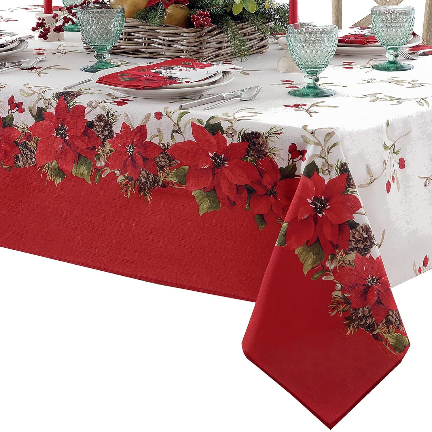 Newbridge Christmas Blooming Poinsettia’s Double Bordered 52 x 52 inch Square Fabric Tablecloth, Holiday Red and White Poinsettia Dining Table Cover