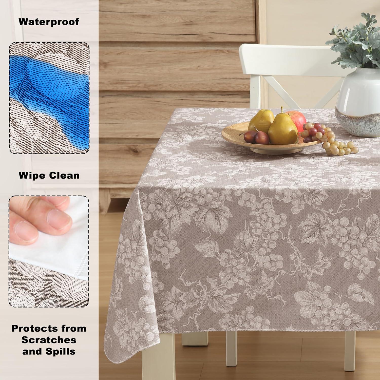 Taupe Grapevine Print Vinyl Tablecloth with Flannel Backing