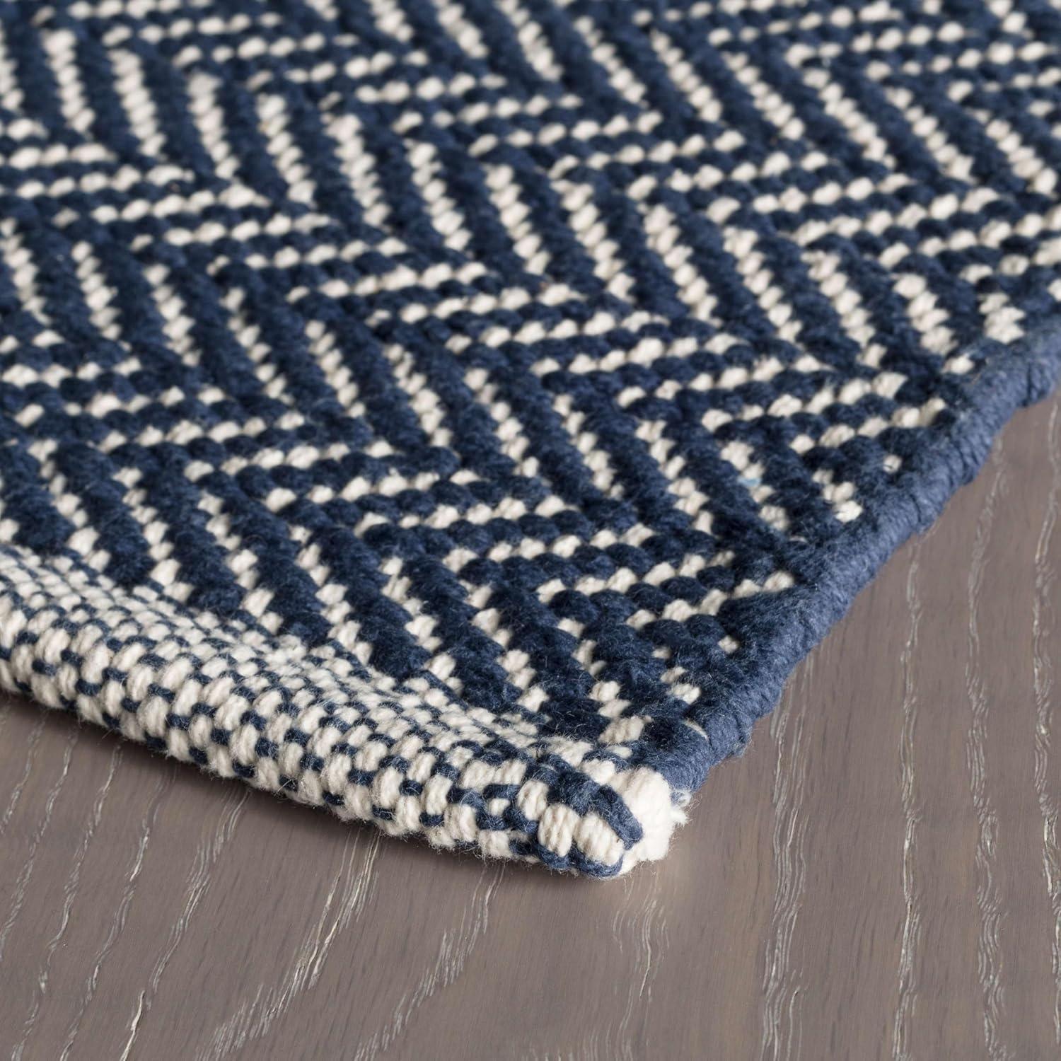 Indigo Ivory Herringbone Handwoven Cotton Rug 8' x 10'