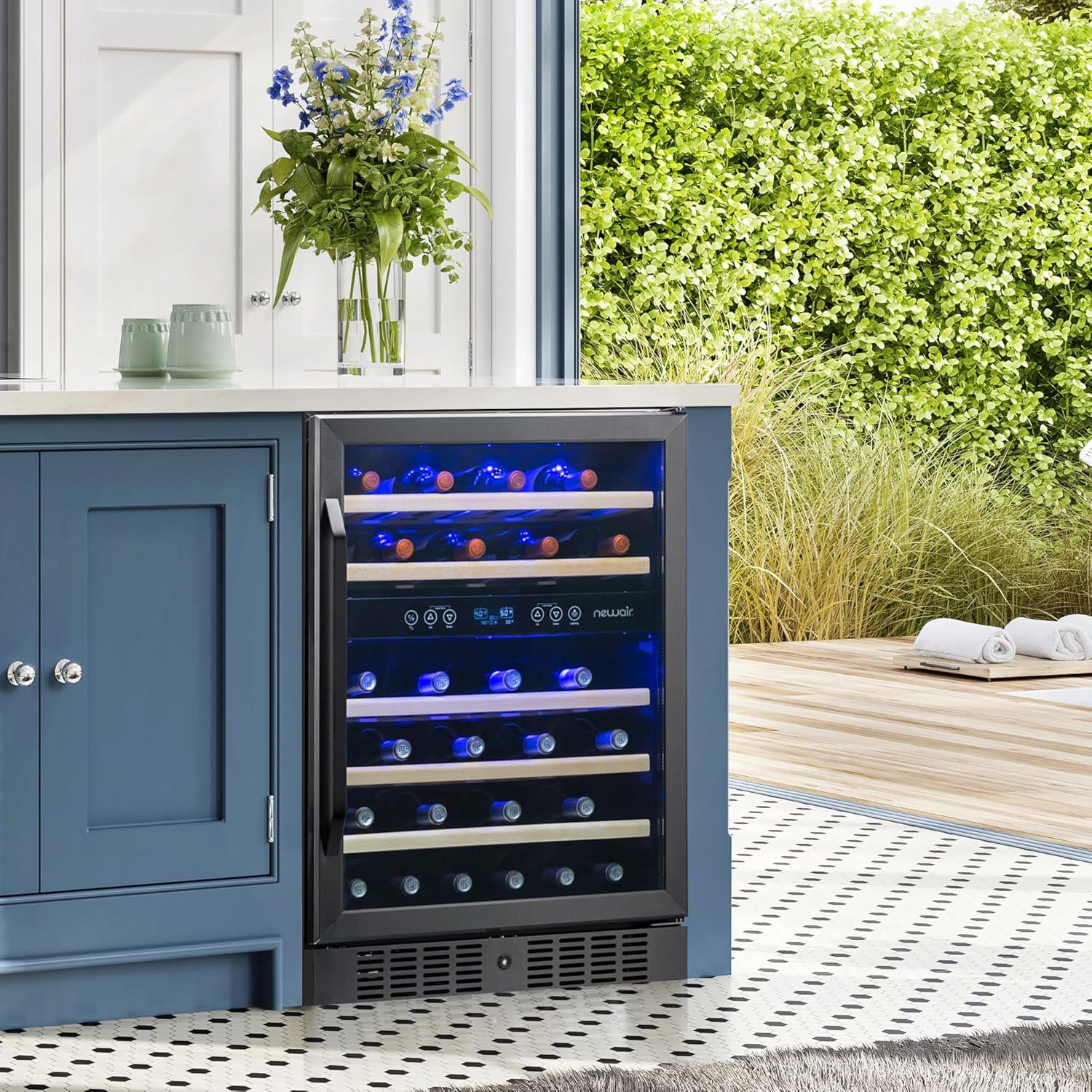 Newair 24” Built-in 46 Bottle Dual Zone Wine Cooler with Removable Beechwood Shelves in Black Stainless Steel