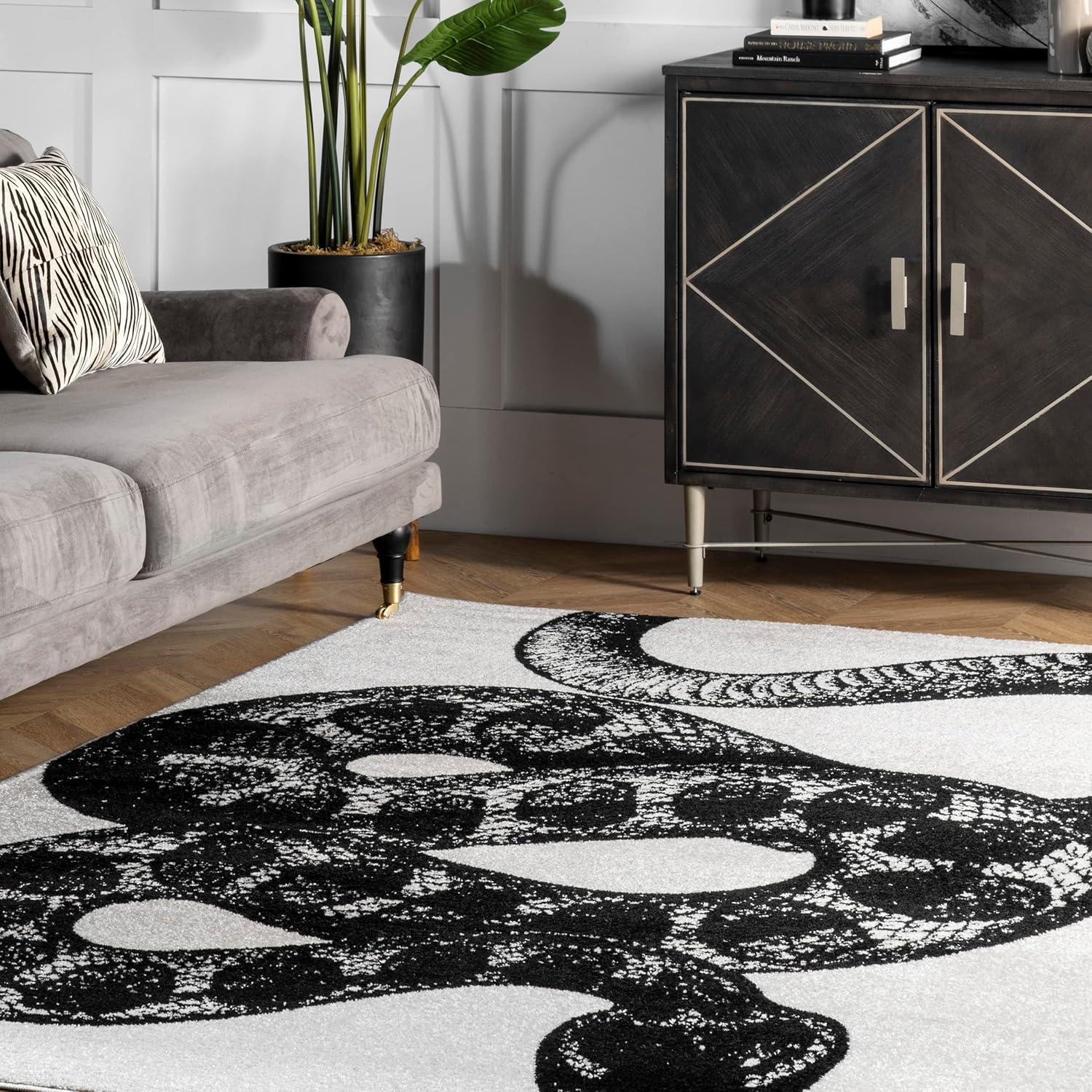 Serpentine Chic Black and White Synthetic Area Rug, 5' x 8'