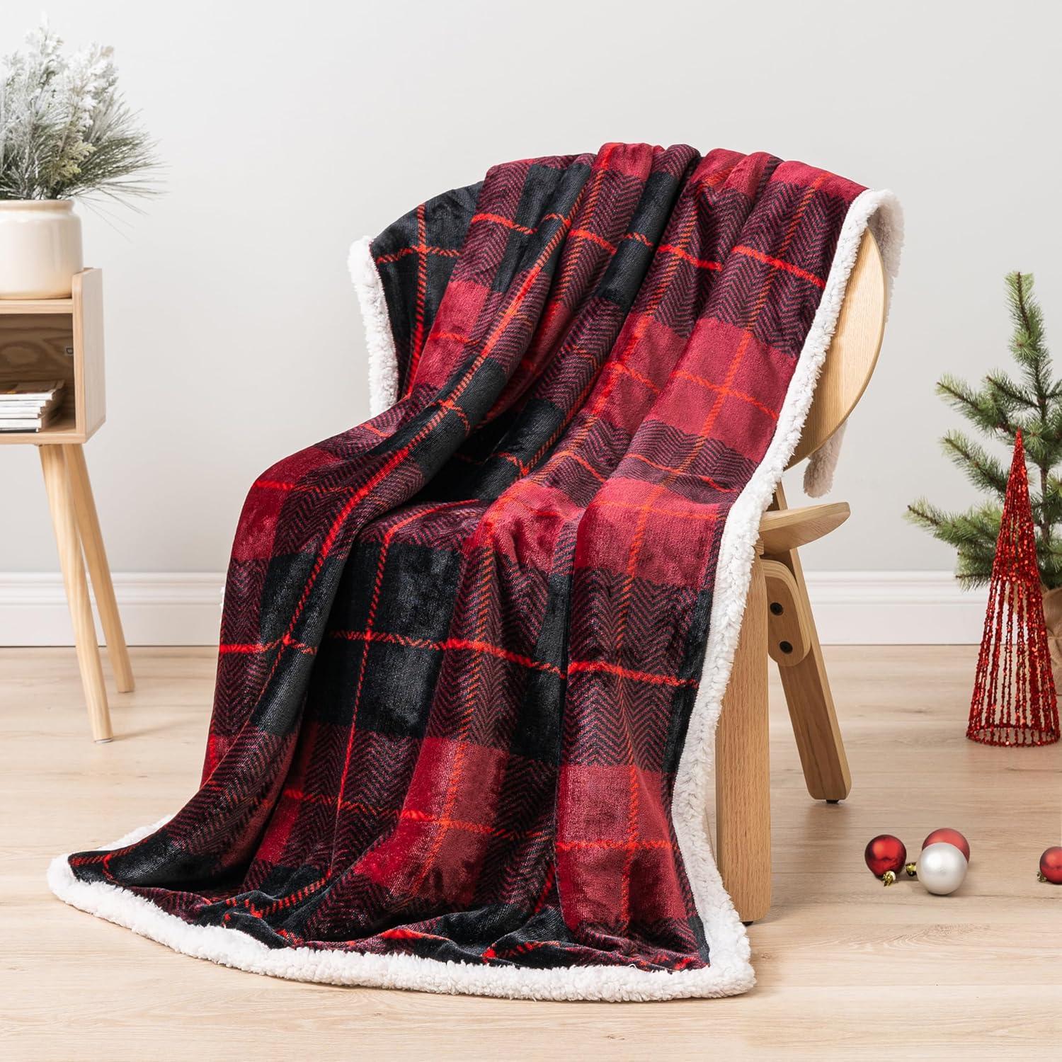 PAVILIA Fleece Plush Microfiber Throw Blanket for Couch, Sofa and Bed, Reversible, Plaid Red/Twin - 60x80