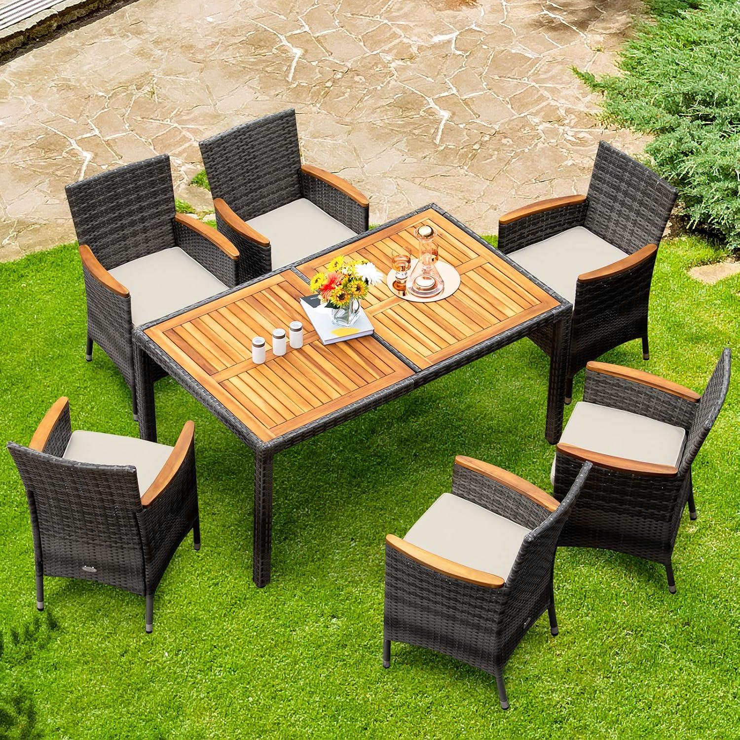 Tangkula 7PCS Patio Rattan Furniture Set Outdoor Conversation Set w/Cushions Acacia Wood Table