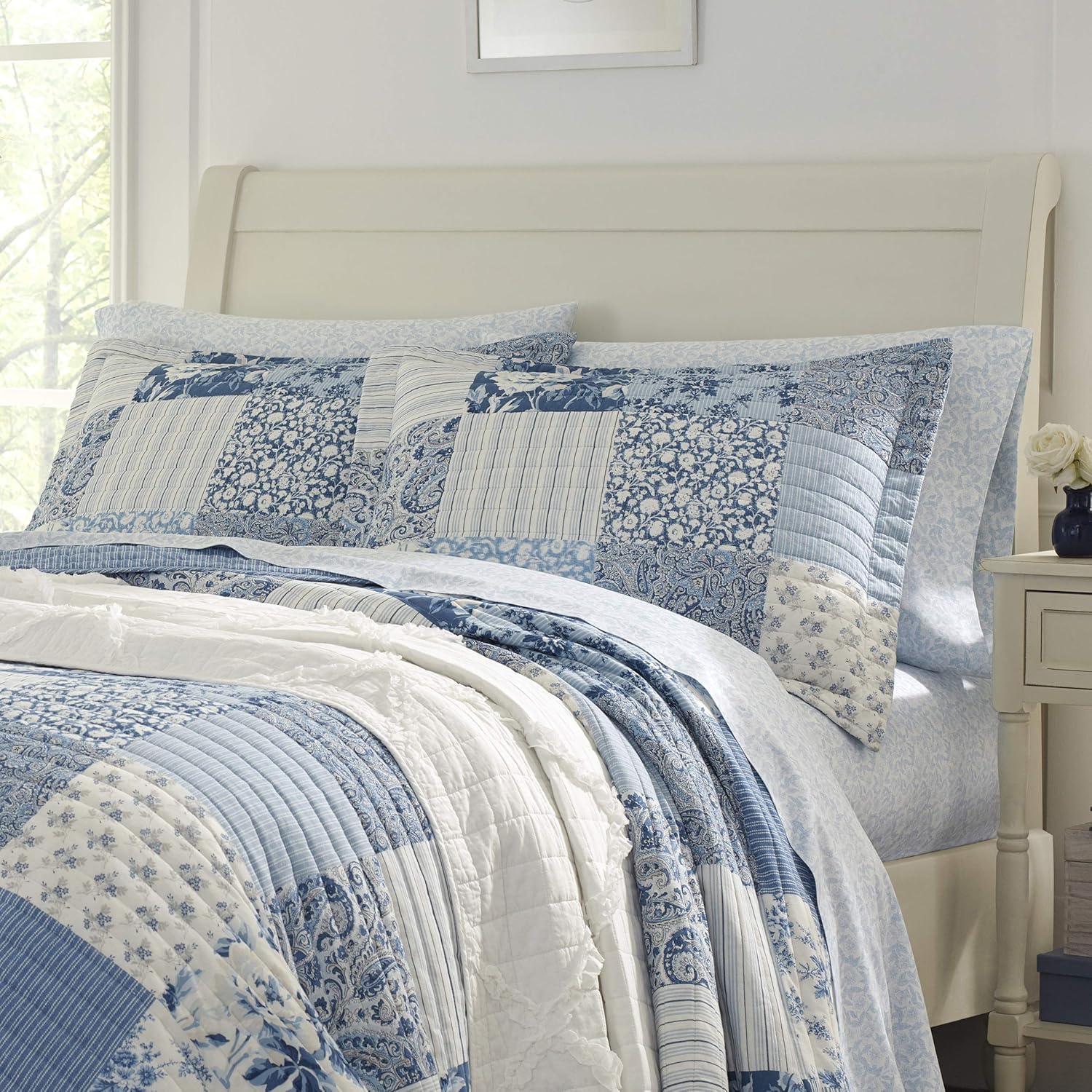 Laura Ashley Laura Ashley Paisley Patchwork Cotton Reversible Blue Quilt Set