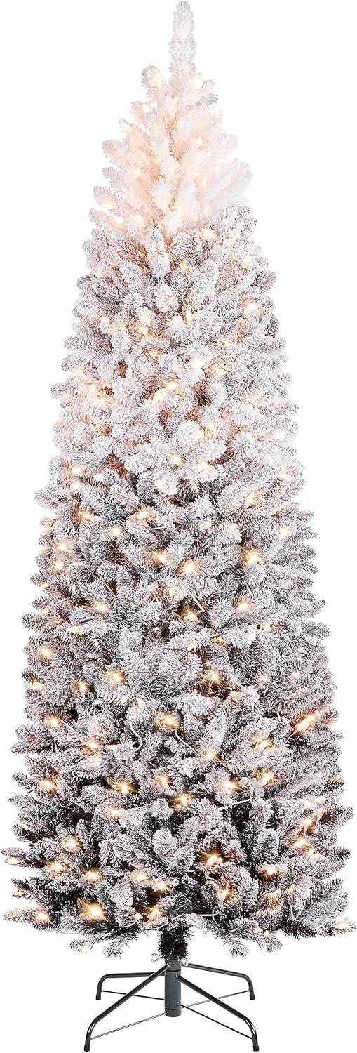 7.5ft White Snow-Flocked Fir Pencil Christmas Tree with Lights