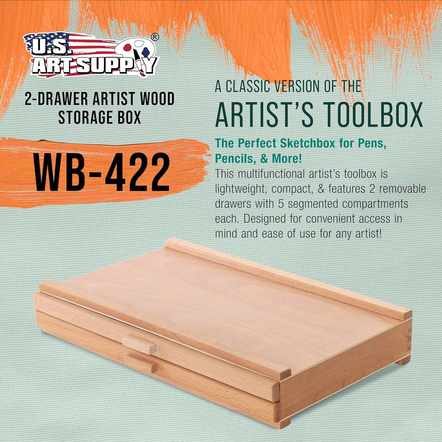 U.S. Art Supply 2-Drawer Artist Wood Pastel, Pen, Marker Storage Box - Elm Hardwood Construction, 5 Compartments per Drawer - Ideal for Pastels, Pens, Pencils, Charcoal, Blending Tools, and More