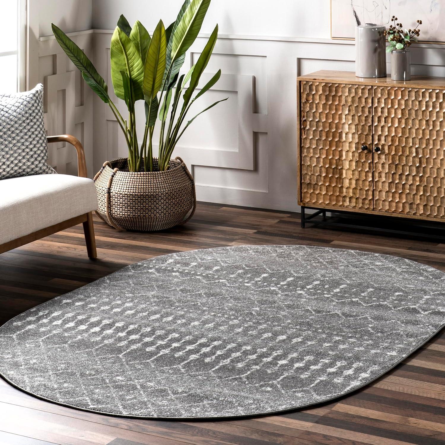 Handmade Dark Grey Geometric Oval 4' x 6' Synthetic Rug