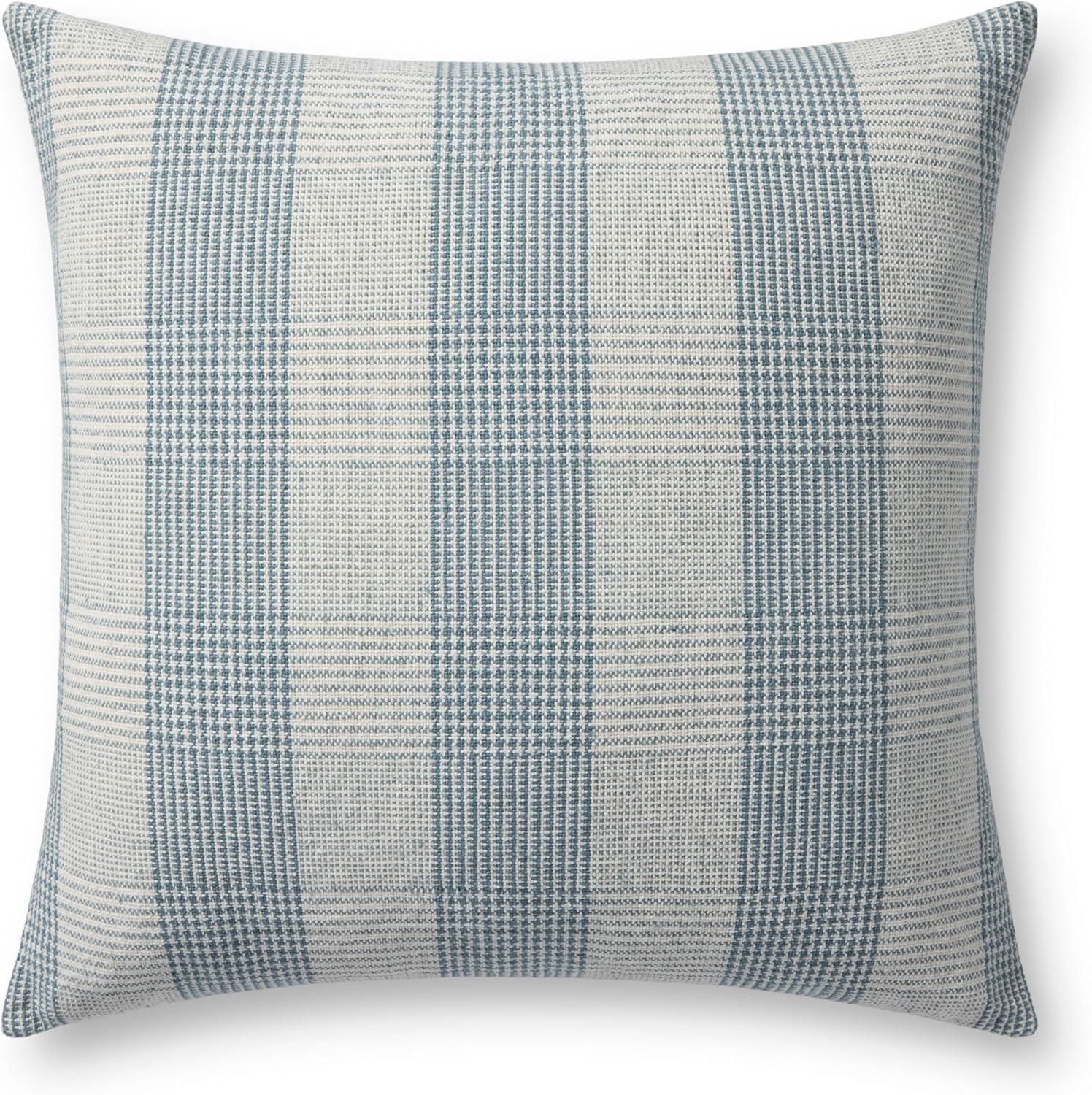 Auggie Blue and White Cotton Plaid 22'' Throw Pillow