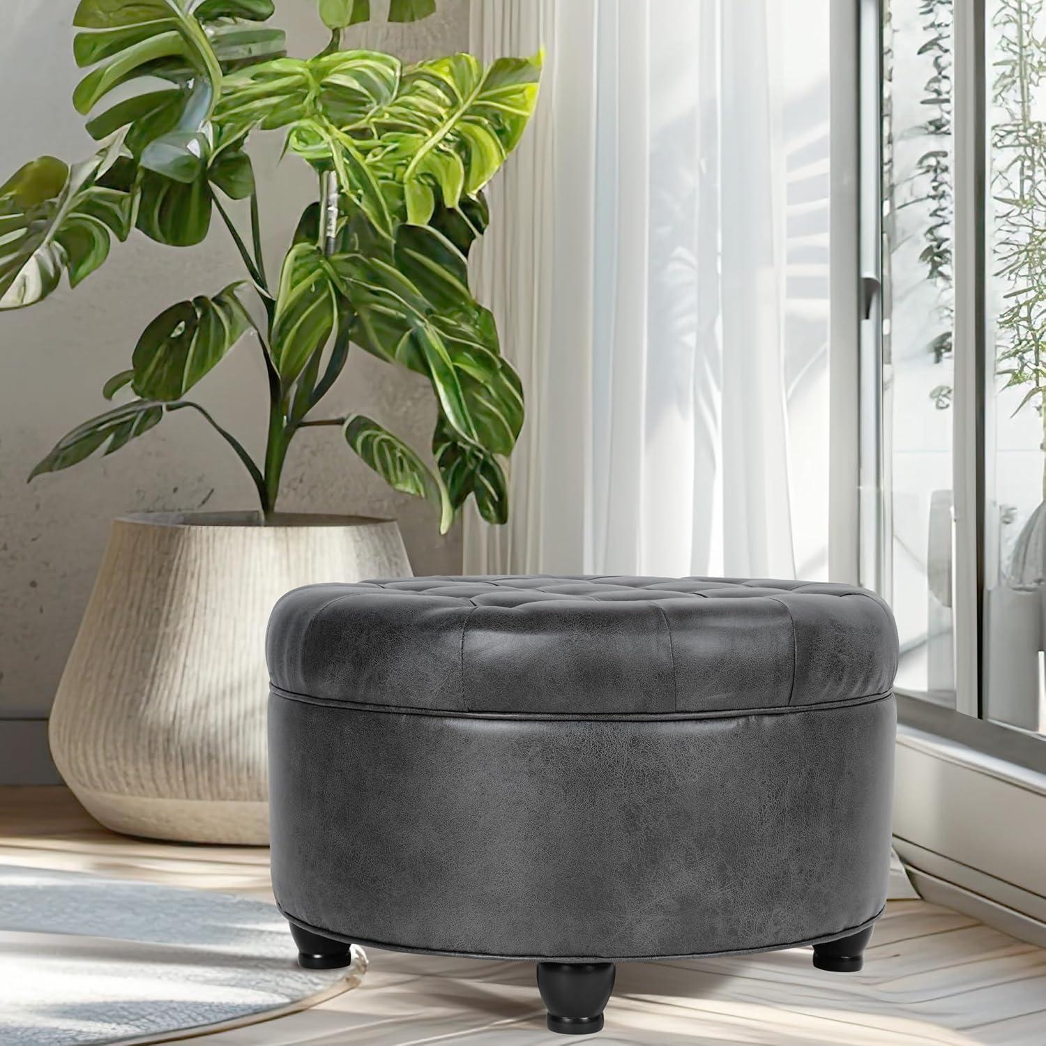 Large Tufted Round Storage Ottoman Faux Leather Gray - HomePop: Modern Upholstered Bench with Hardwood Frame