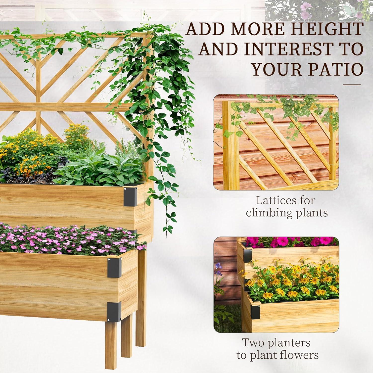 Outsunny Raised Garden Bed with Trellis, 2 Tier Wooden Elevated Planter Box with Legs and Metal Corners for Vegetables, Flowers, Herbs, Gray