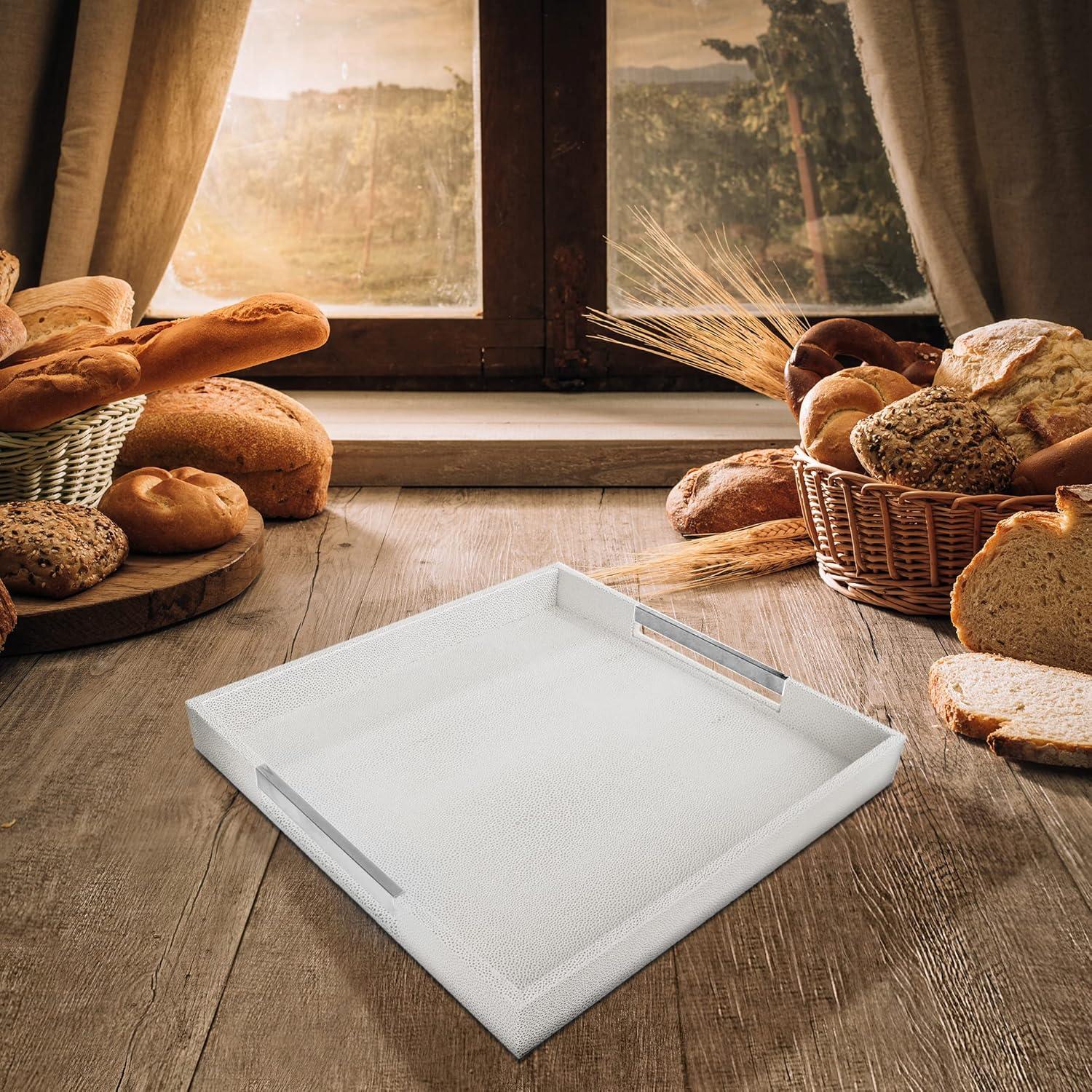 White and Gray Textured Square Tray with Silver Handles