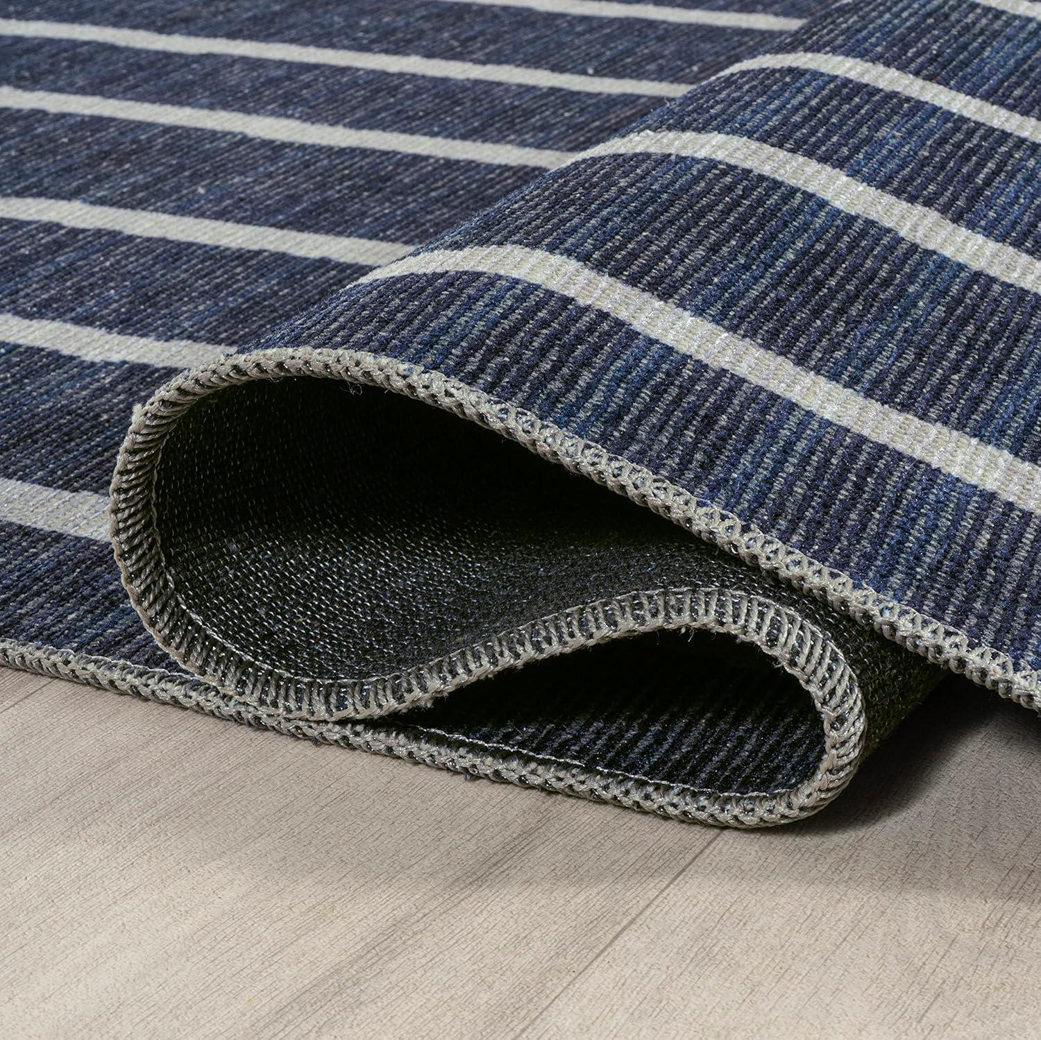2' x 8' Rand Distressed Ticking Stripe Machine-Washable Runner Rug, Navy/Ivory - JONATHAN Y