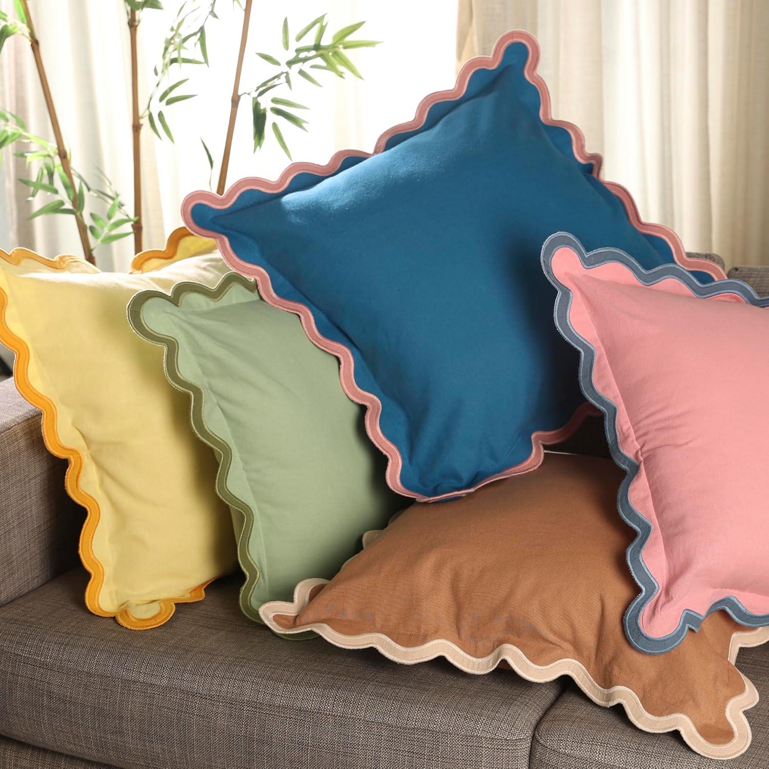 Folkulture Throw Pillow Cover Scallop Embroidery Oasis Set of 2 (18 x 18 Inch) - Lemon Zest