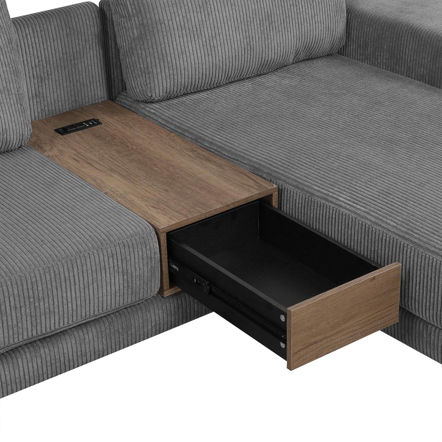 114" L-shaped Sofa Sectional Sofa with Two USB Ports and Two Power Sockets, A Storage Drawer and A Reversible Chaise Lounge for Living Room