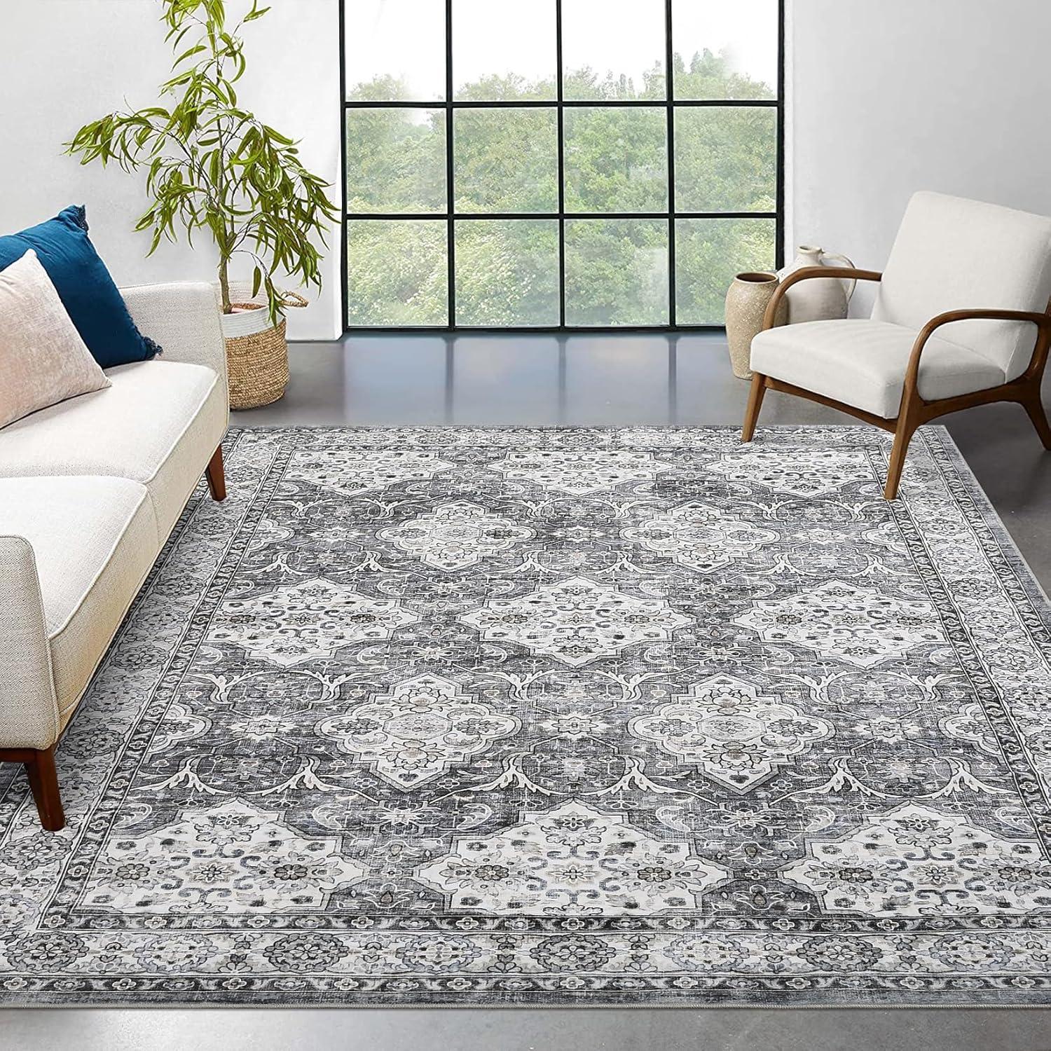 Gray Floral 9' x 12' Washable Synthetic Area Rug