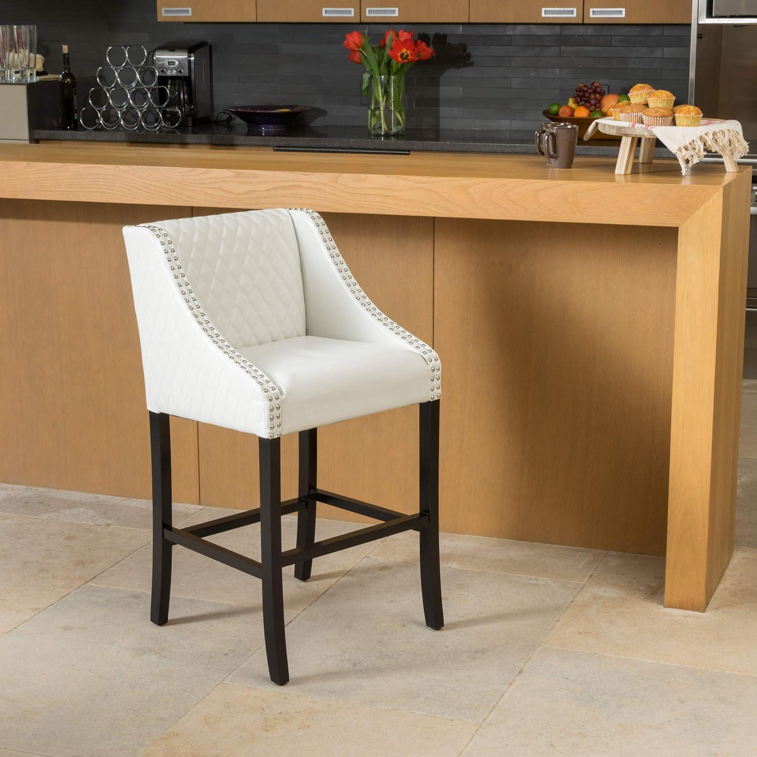 Ivory Quilted Leather Bar Stool with Black Wood Legs