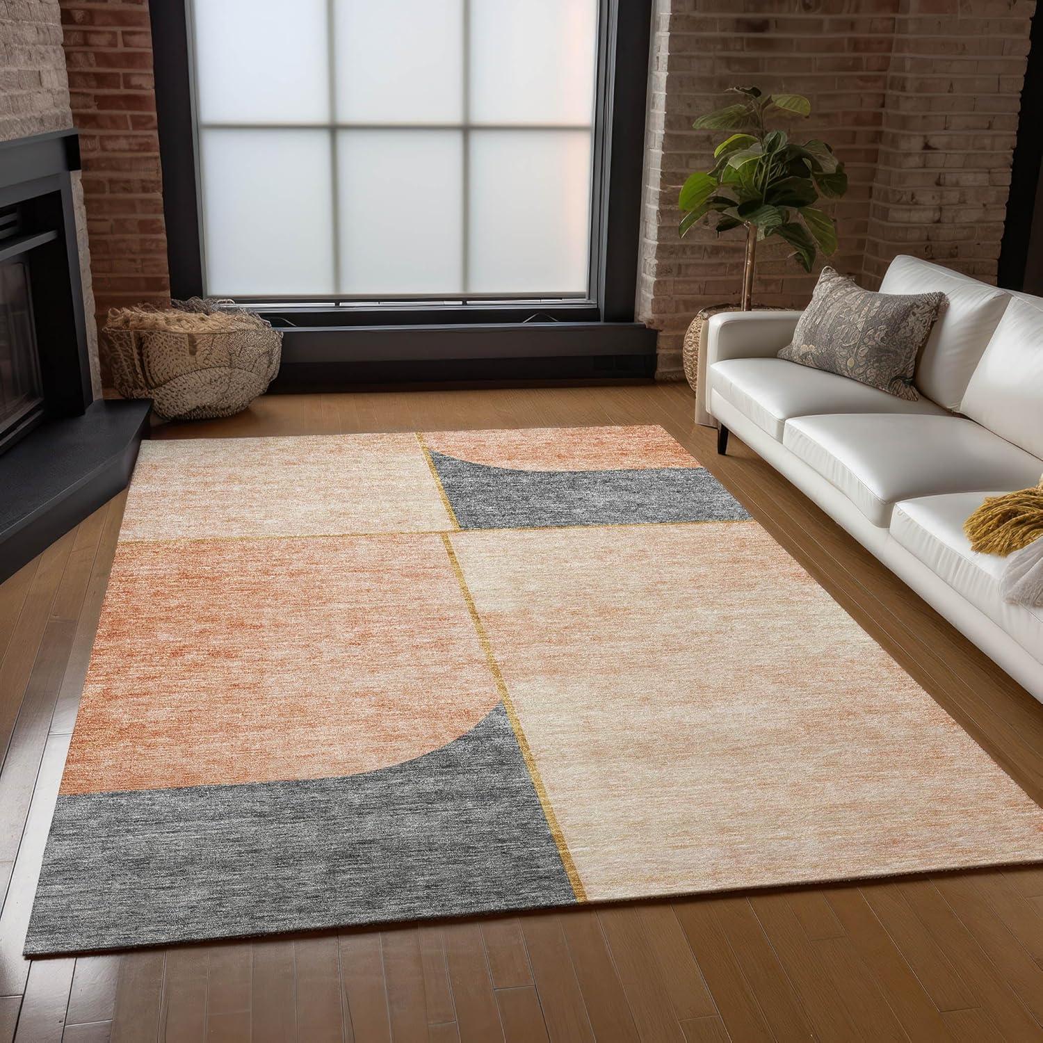 Coral and Gray Rectangular Synthetic Indoor Outdoor Rug