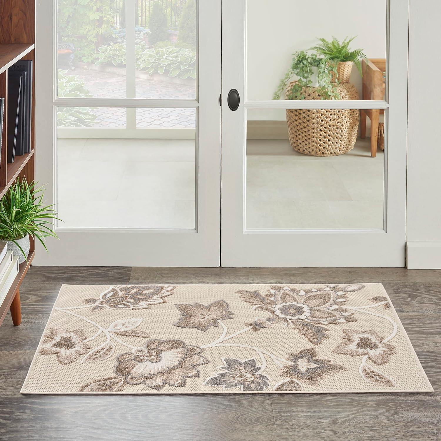Nourison Aloha Floral Farmhouse Flatweave High-Low Indoor Outdoor Area Rug Beige 2'8" x 4'