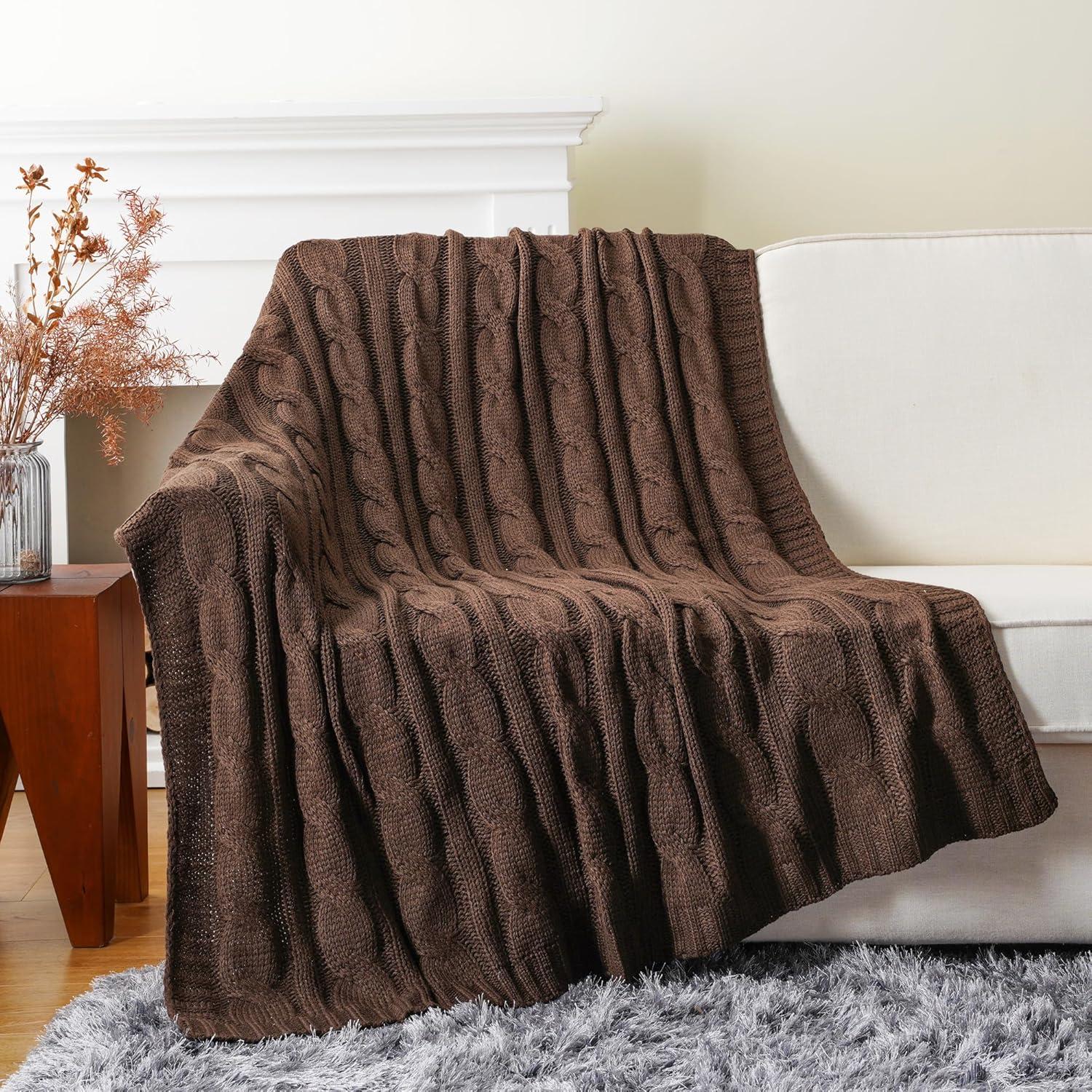 Brown Cable Knit Acrylic Throw Blanket, 50"x60"