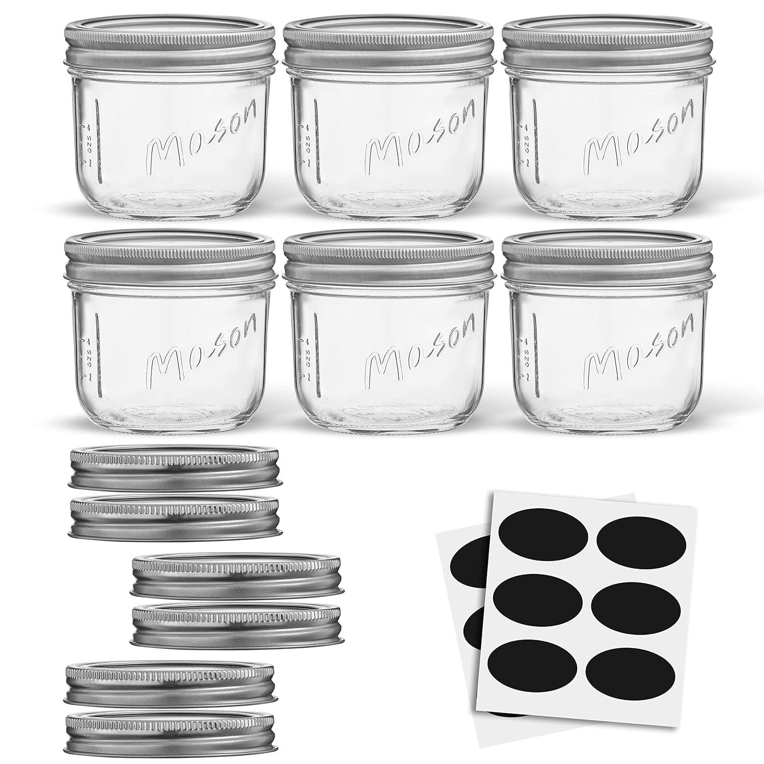JoyJolt Wide Mason Jars with Airtight Lids, Labels and Measures - 8 oz - Set of 6