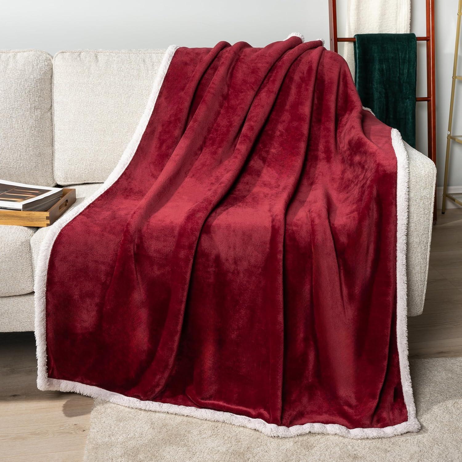 Wine Red Reversible Sherpa Fleece Throw Blanket 50" x 60"