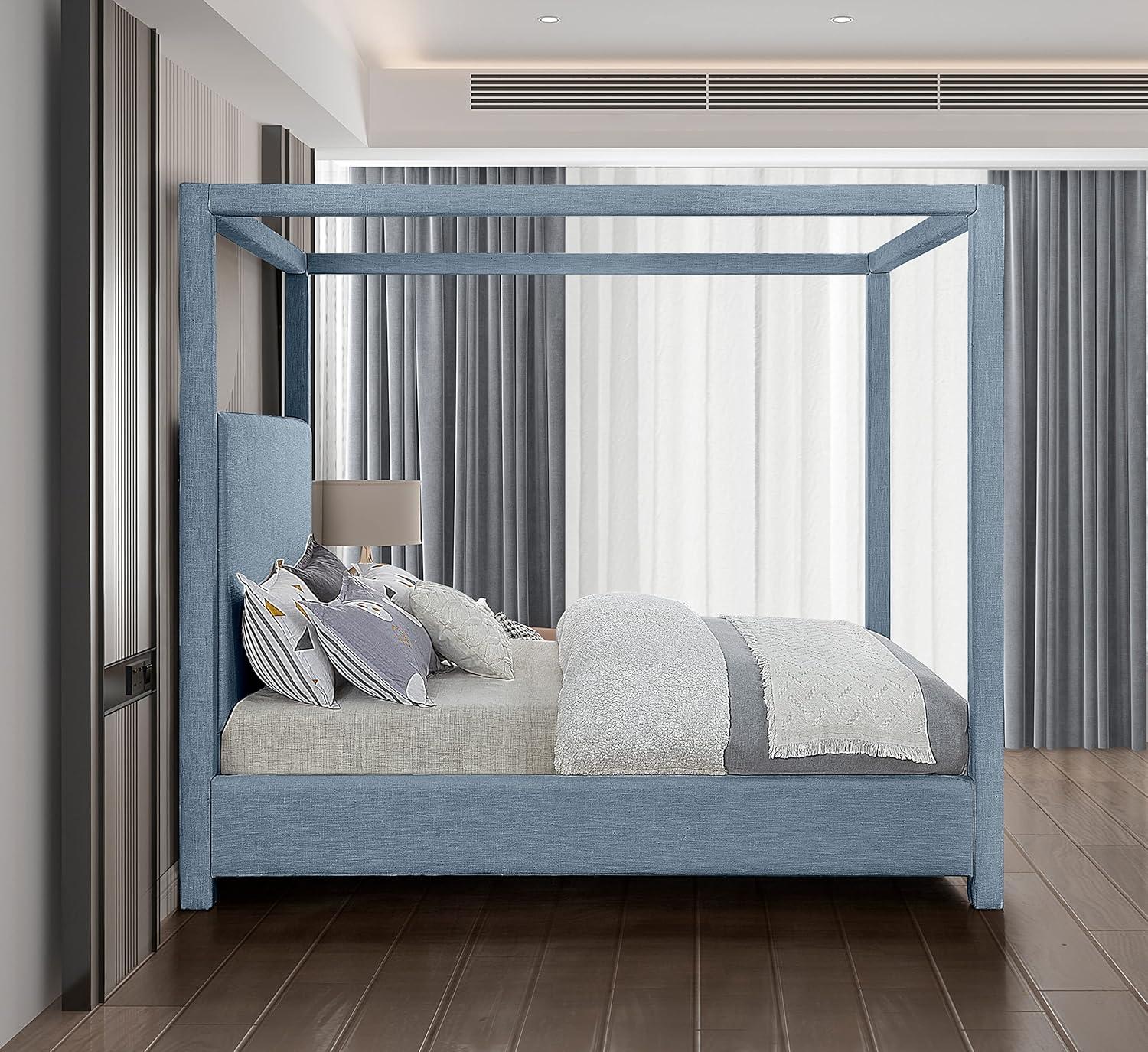 Meridian Furniture Emerson Sky Blue Linen Textured Fabric Queen Bed