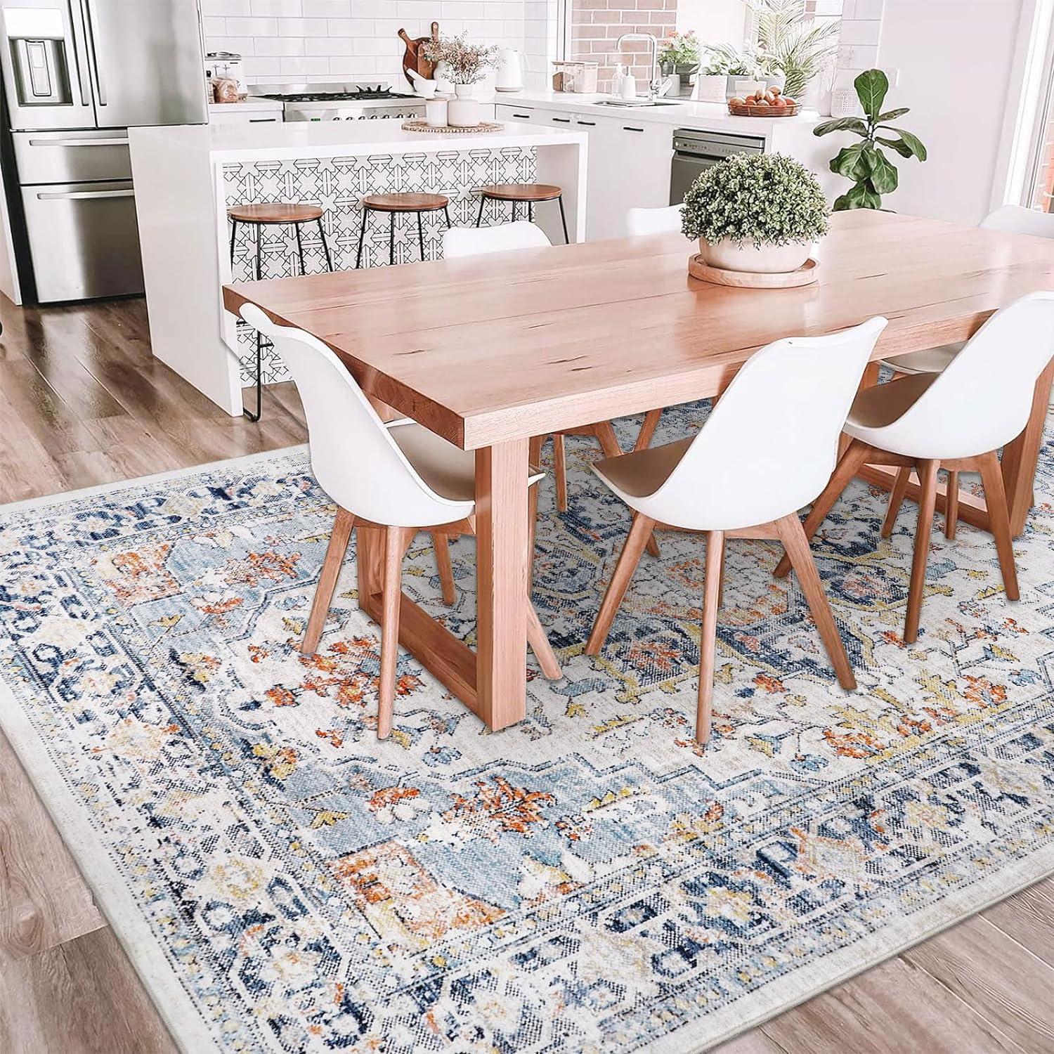 Hasoo 9' x 12' Modern Large Area Rug Stain Non-Shedding Low-Pile Distressed Area Rug Carpet for Living Room Bedroom, Light Blue
