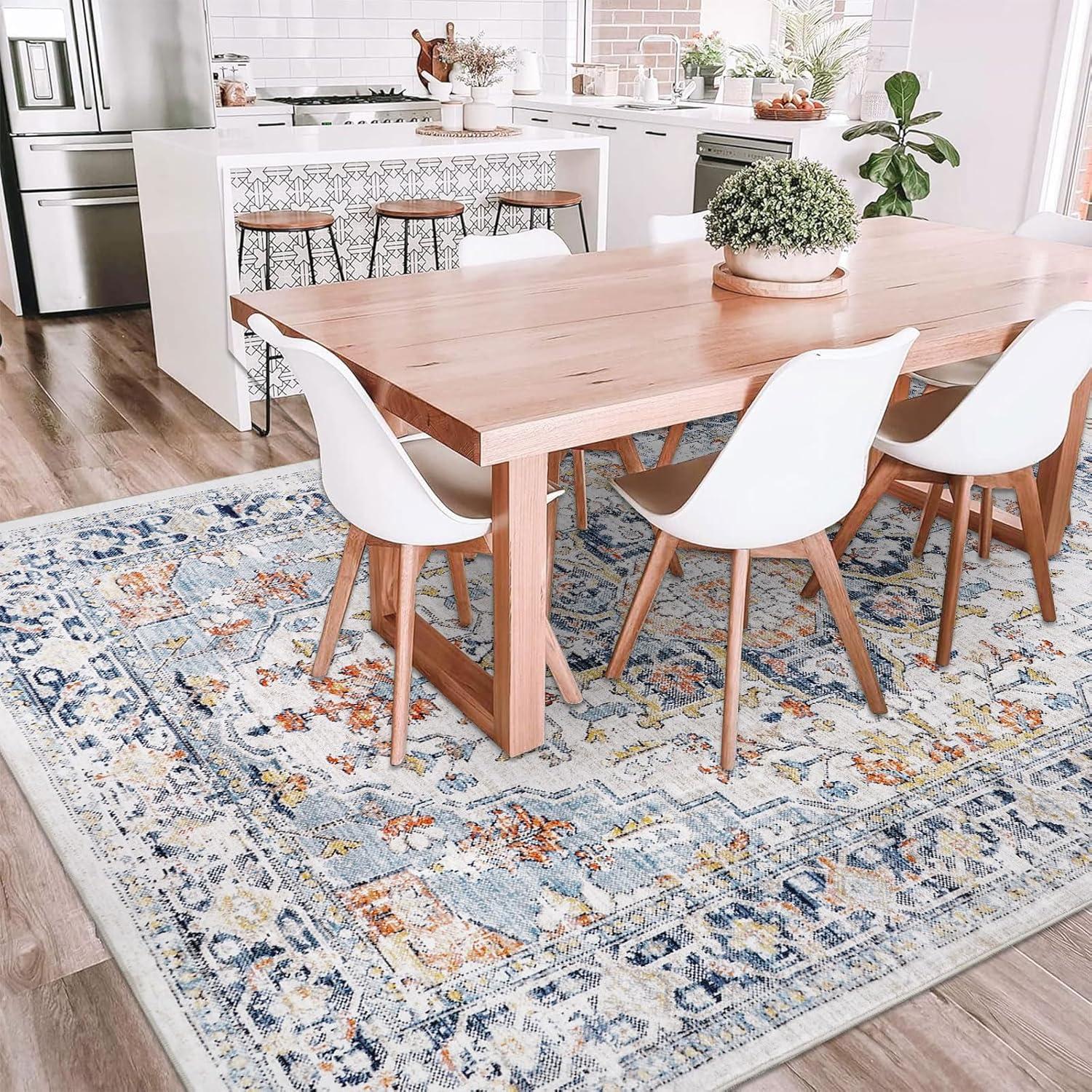 Hasoo 9' x 12' Modern Large Area Rug Stain Non-Shedding Low-Pile Distressed Area Rug Carpet for Living Room Bedroom, Light Blue