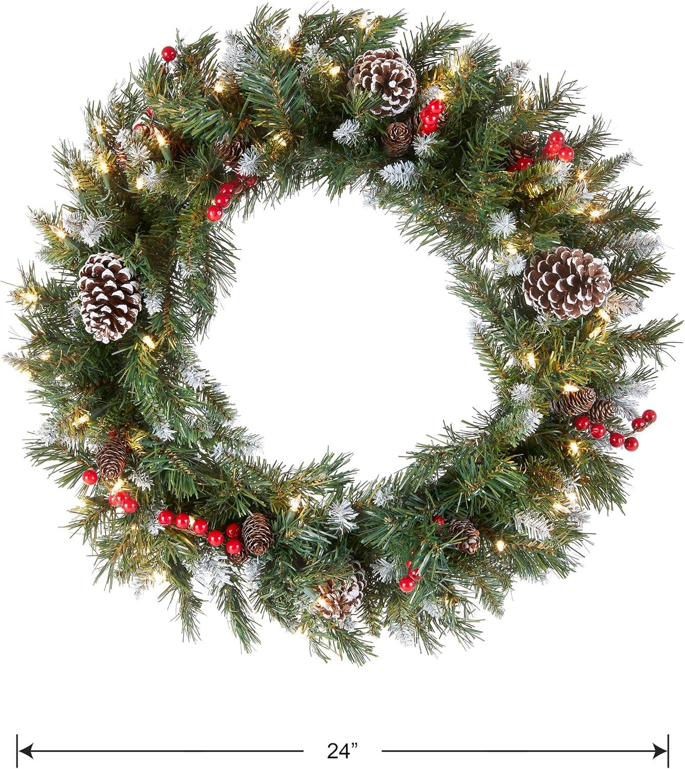 24" Prelit Flocked Christmas Wreath with Pinecones and Berries White Lights - National Tree Company