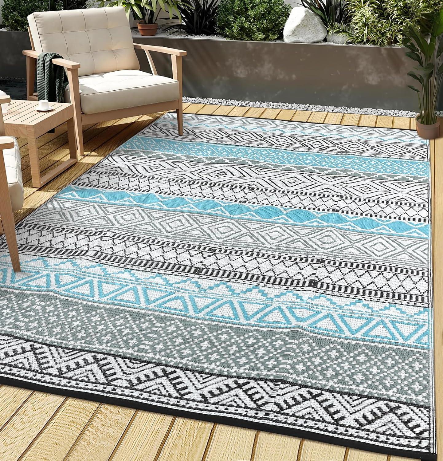 Garvee 9'x12' Plastic Outdoor Rugs, Bohemia Waterproof Straw Rug Reversible Indoor Outdoor Carpet for Patio RV Deck Porch Backyard Balcony Camping Picnic Beach, Multi-color