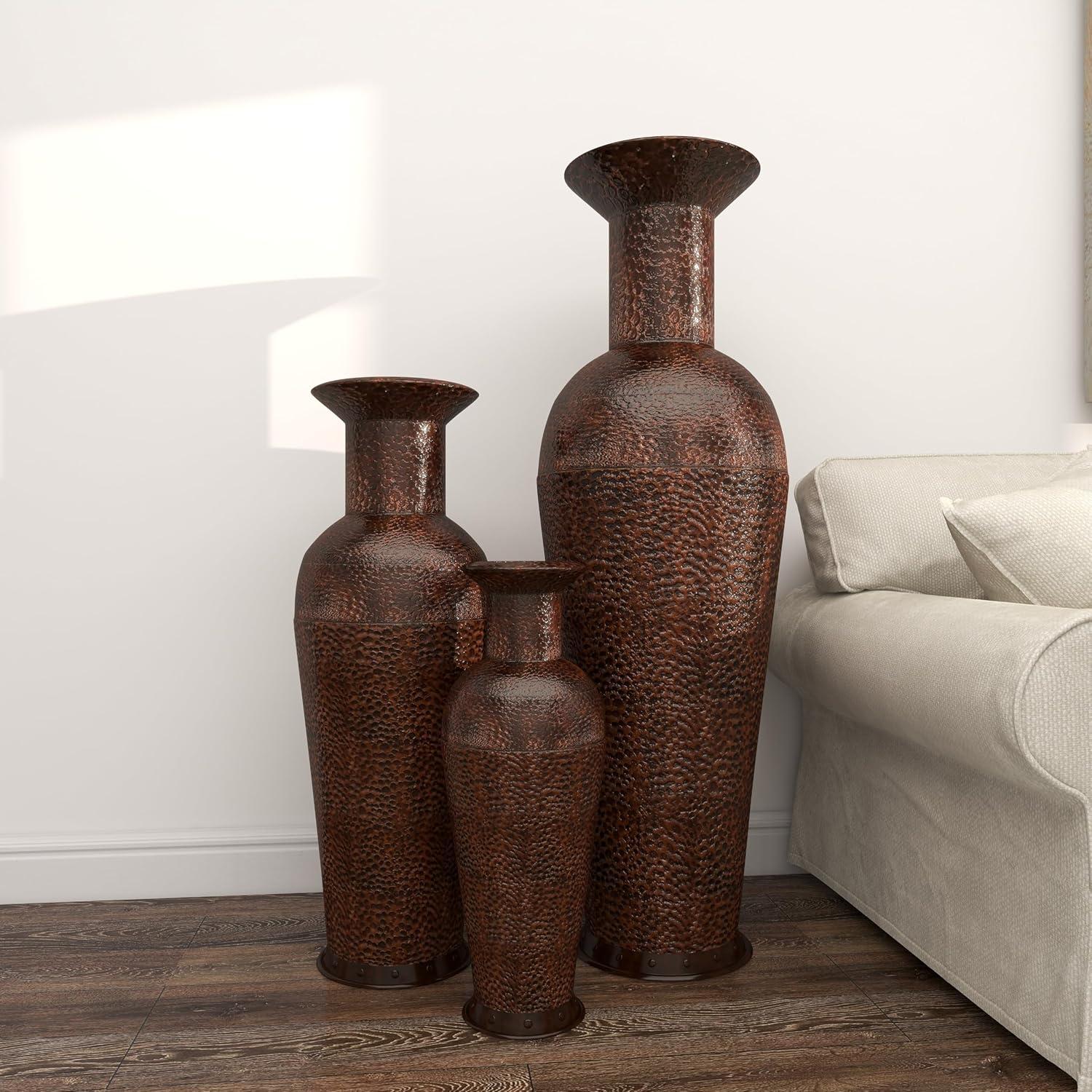 Tall Dark Brown Metal Floor Decorative Vase Set with Bubble Texture