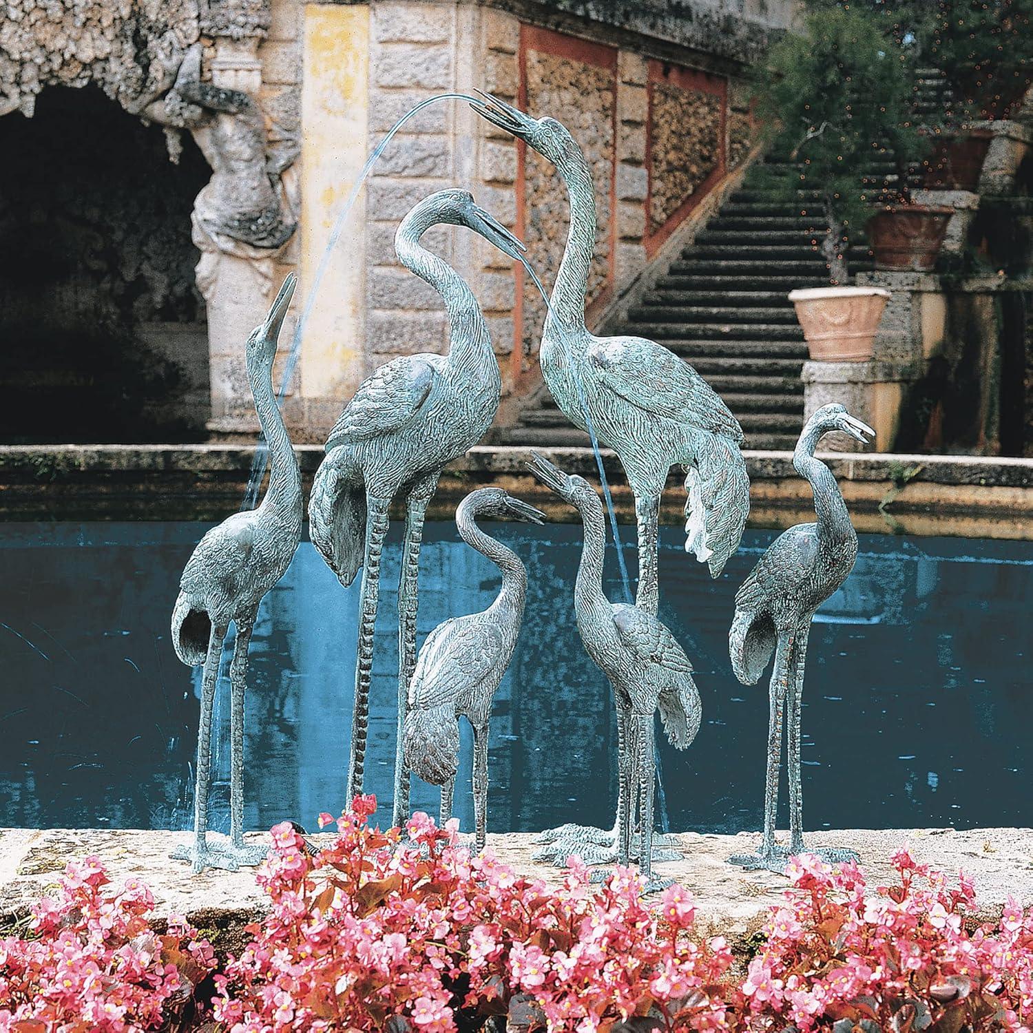 Design Toscano Emerald Verde Small Cranes Cast Bronze Garden Statue Set