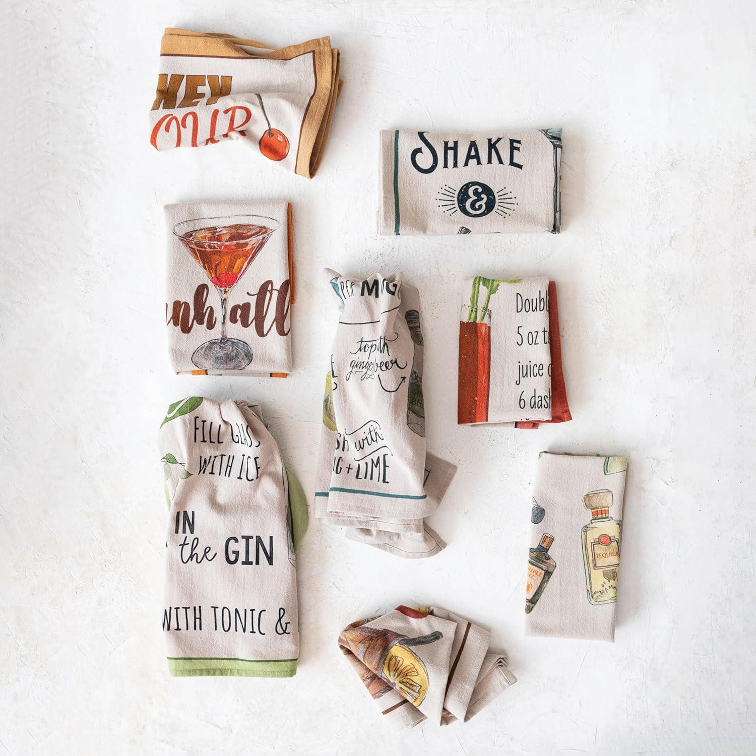 Creative Co-Op Cotton Printed Tea Towel with Cocktail Recipe Prints, Multicolor, Set of 8