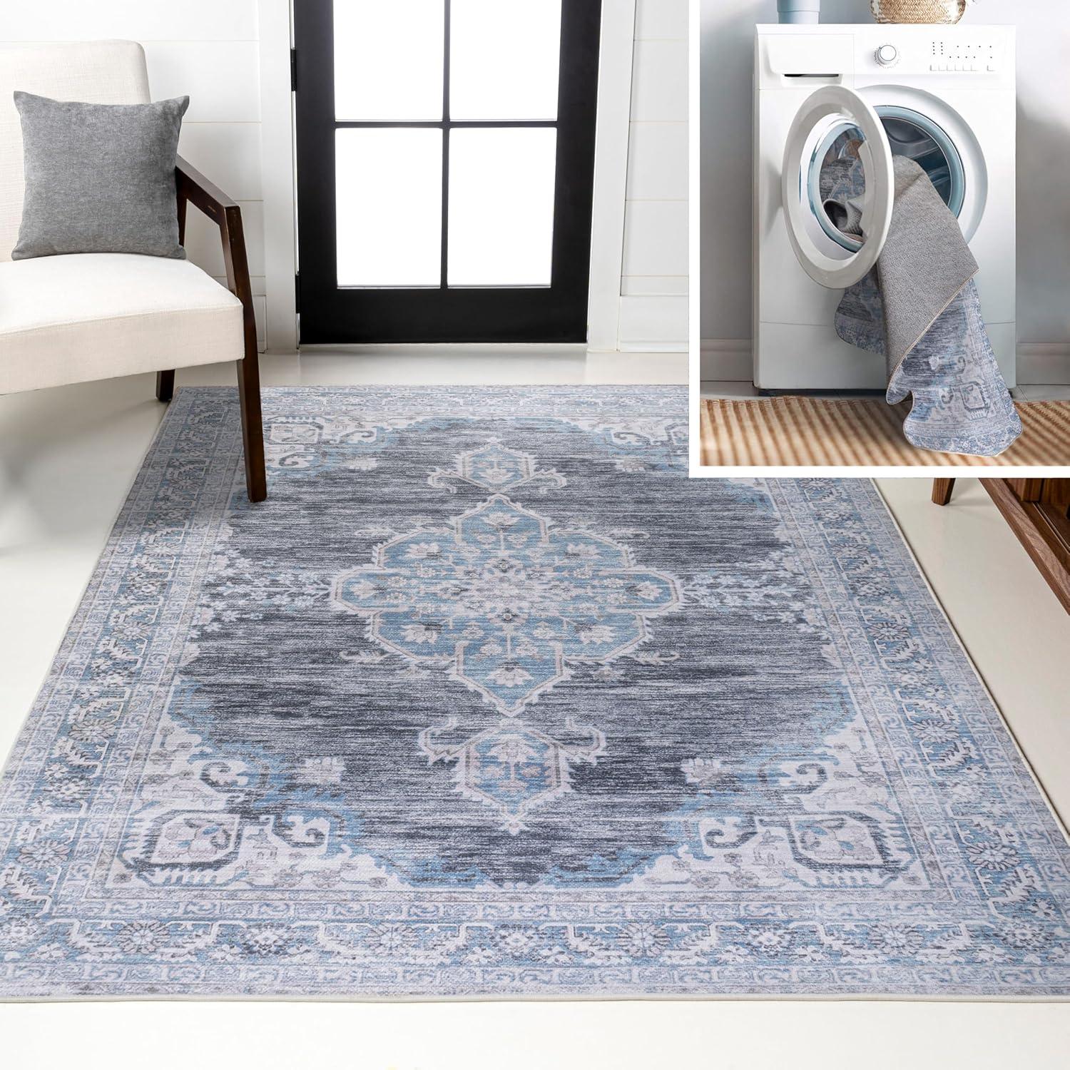 Wincer Chenille Cottage Medallion Machine-Washable Gray/Blue/White 5 ft. x 8 ft. Area Rug - JONATHAN Y