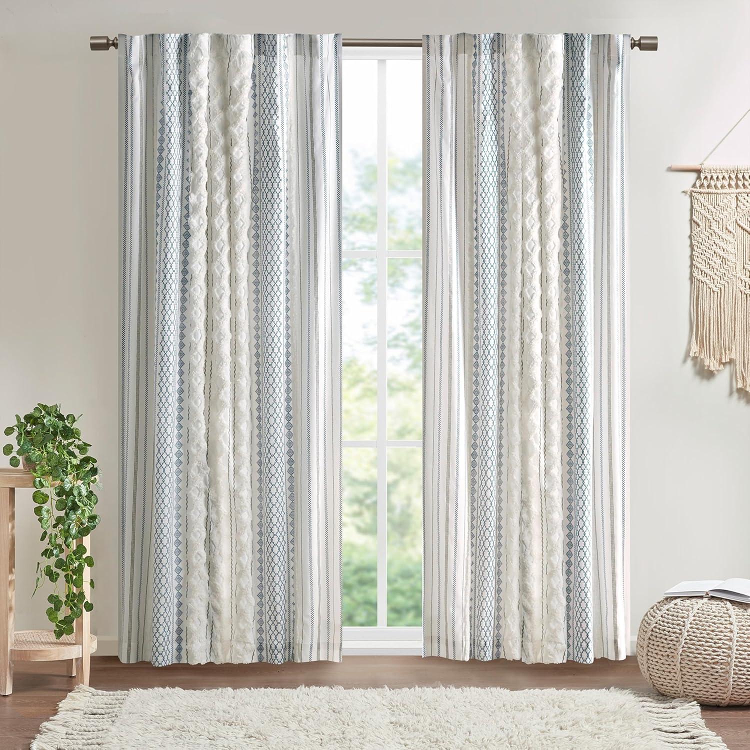 INK+IVY Imani Cotton Printed Boho Single Curtain Panel with Chenille Stripe and Lining
