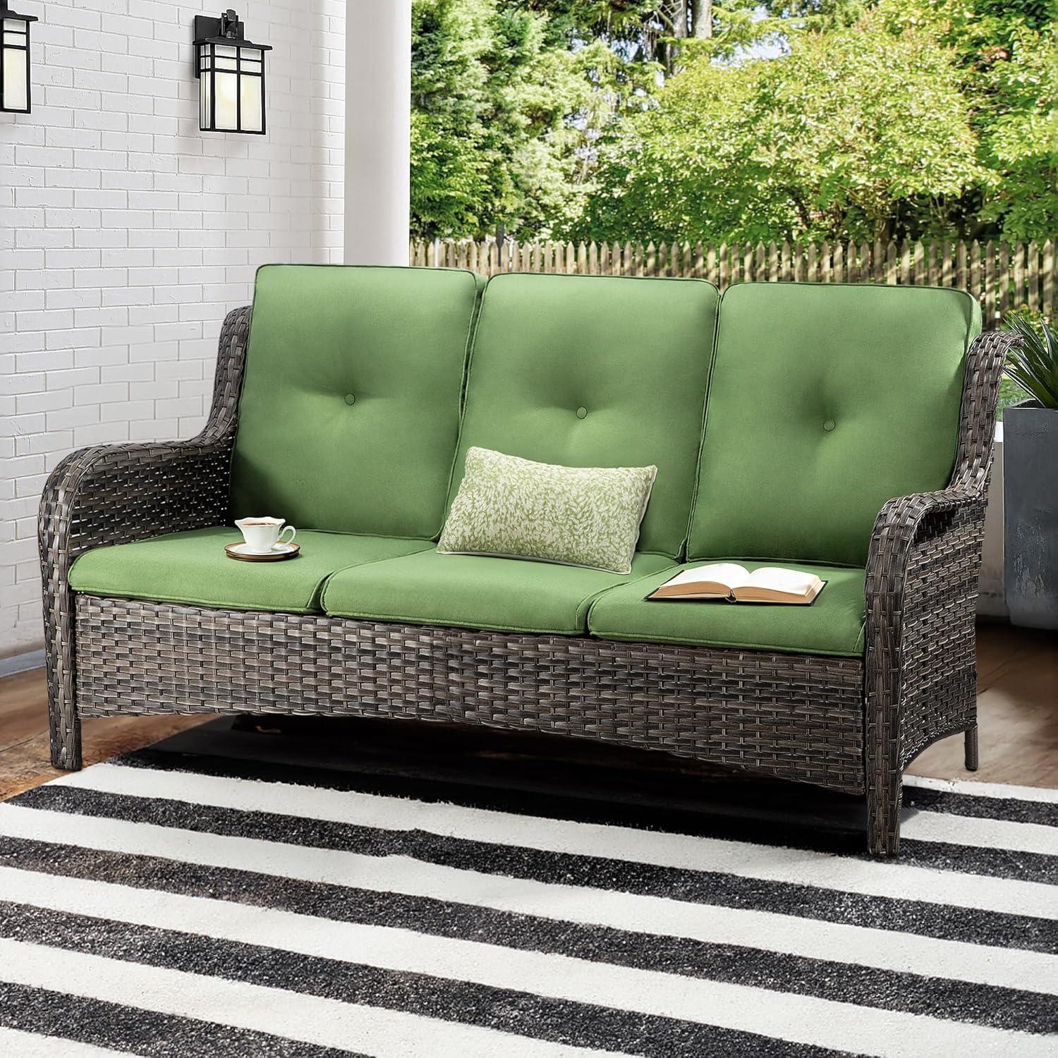 3-Seat Wicker Outdoor Patio Sofa Sectional Couch with Green Cushions