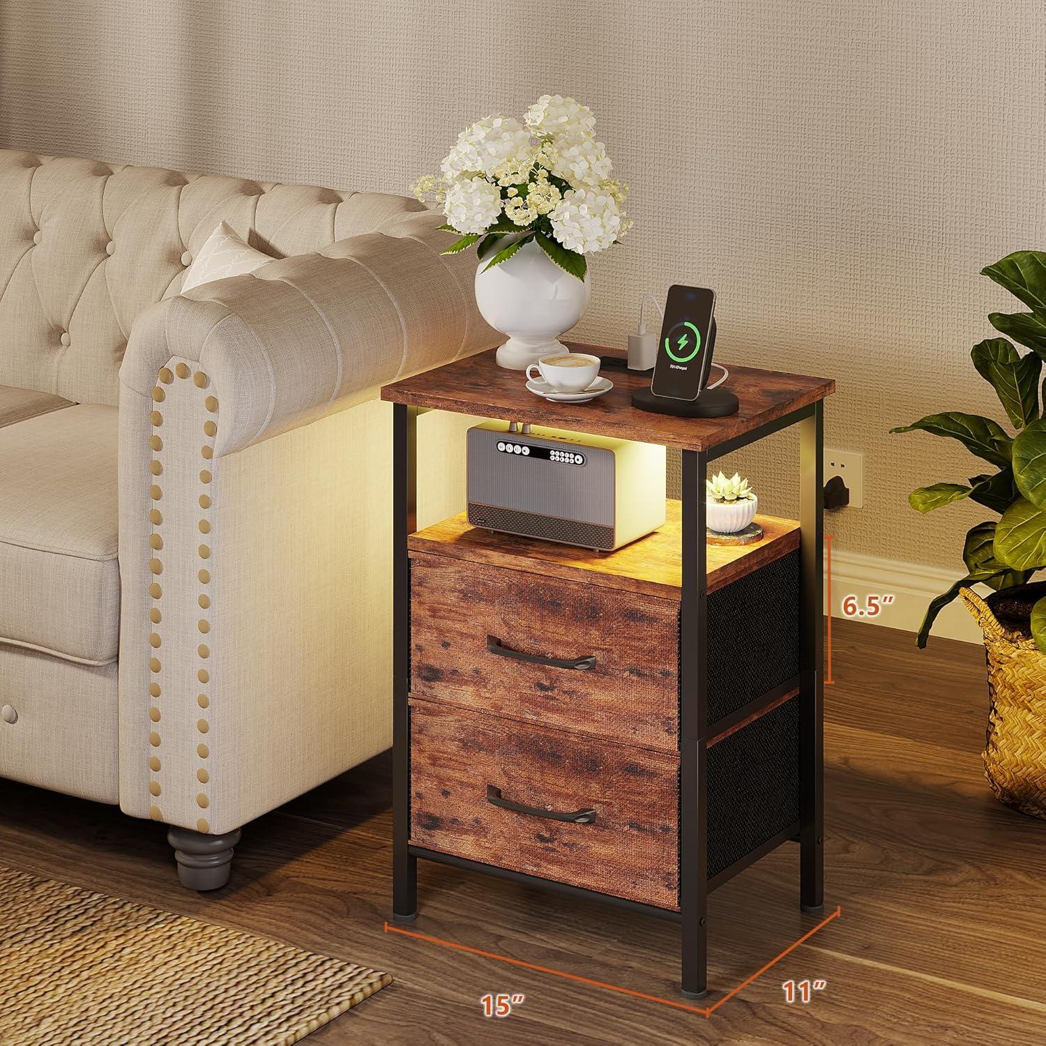 End Table with Charging Station, Narrow Side Table with 2 Fabric Drawers, Skinny Nightstand with LED Light, Slim Bedside Table for Bedroom, Living Room, Small Spaces, White