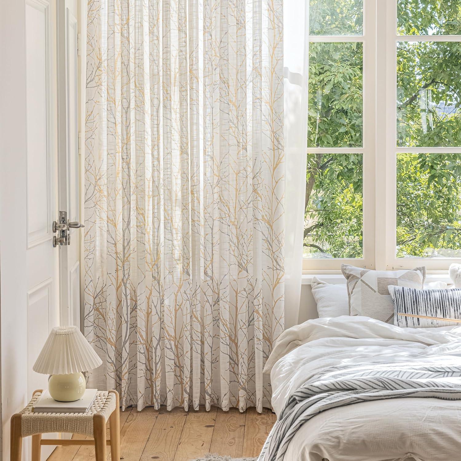 FMFUNCTEX Linen Semi Sheer Curtains for Bedroom, Yellow White Curtains 63 Inches Long for Living Room, Grey Tree Branch Print Curtain Light Filtering Farmhouse Window Drapes, Grommet Top 2 Panels