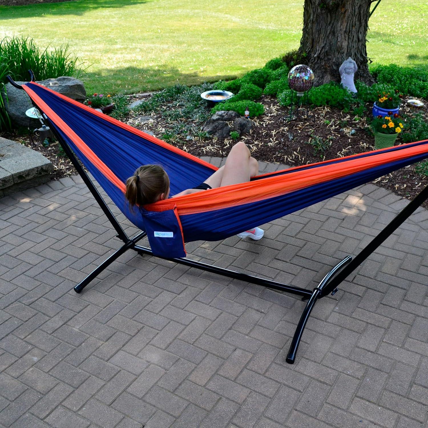 Double Nylon Hammock with Portable Stand, Orange & Navy