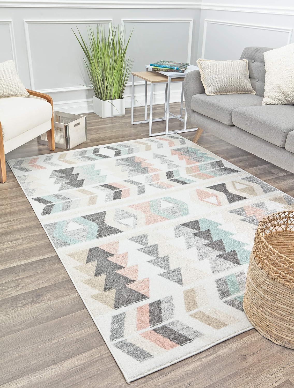 Mint Lime Gray Geometric Patterned Synthetic Area Rug