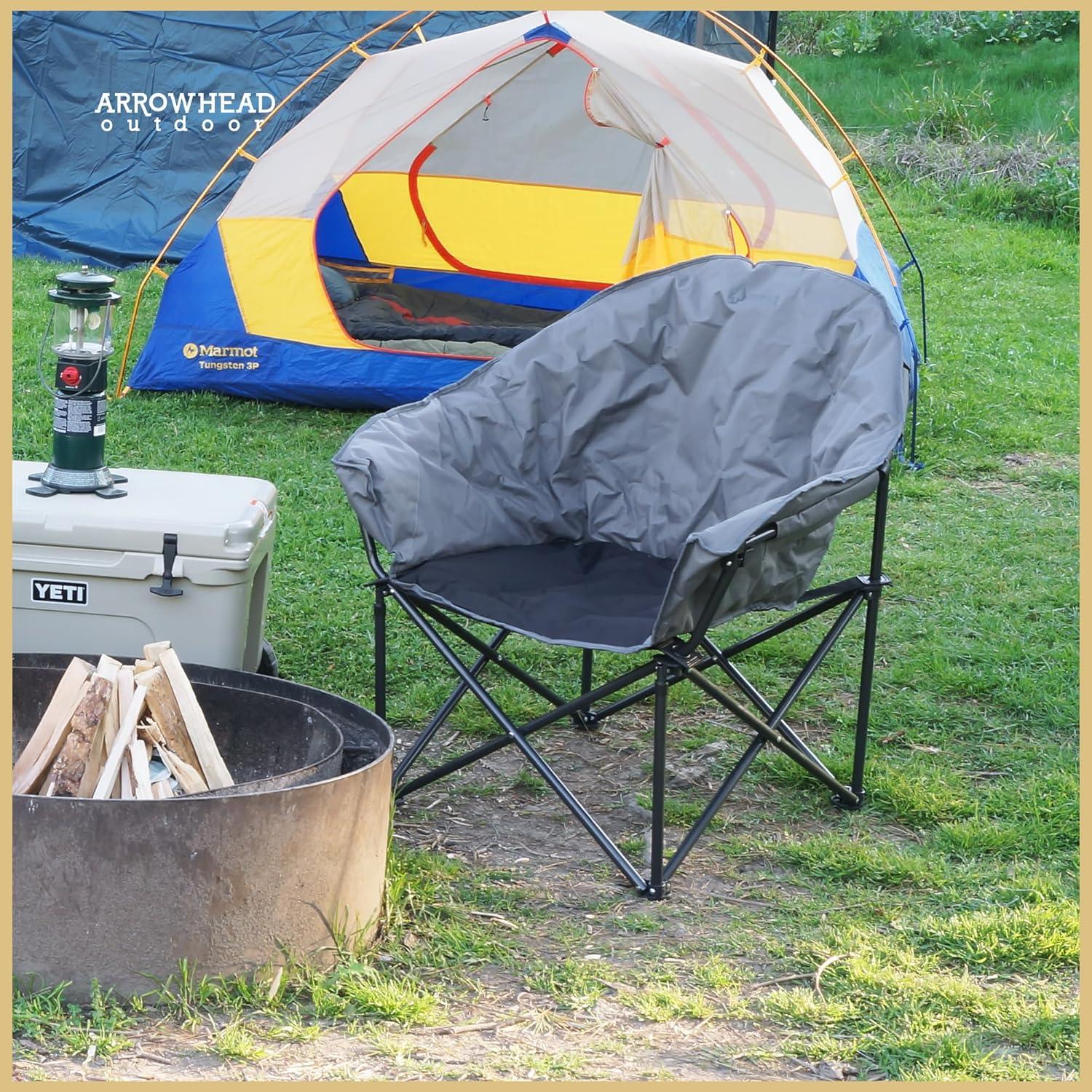 Arrowhead Outdoor Oversized Heavy-Duty Club Folding Camping Chair w/External Pocket, Cup Holder, Portable, Padded, Moon, Round, Bag (Granite Grey)