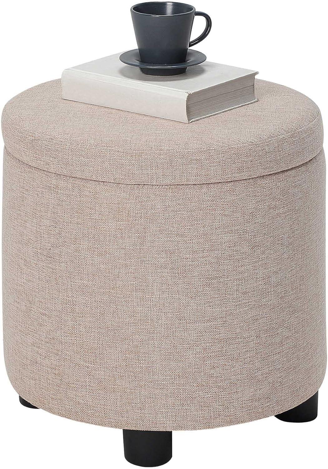 Designs4Comfort Round Accent Storage Ottoman with Reversible Tray Lid, Tan Fabric