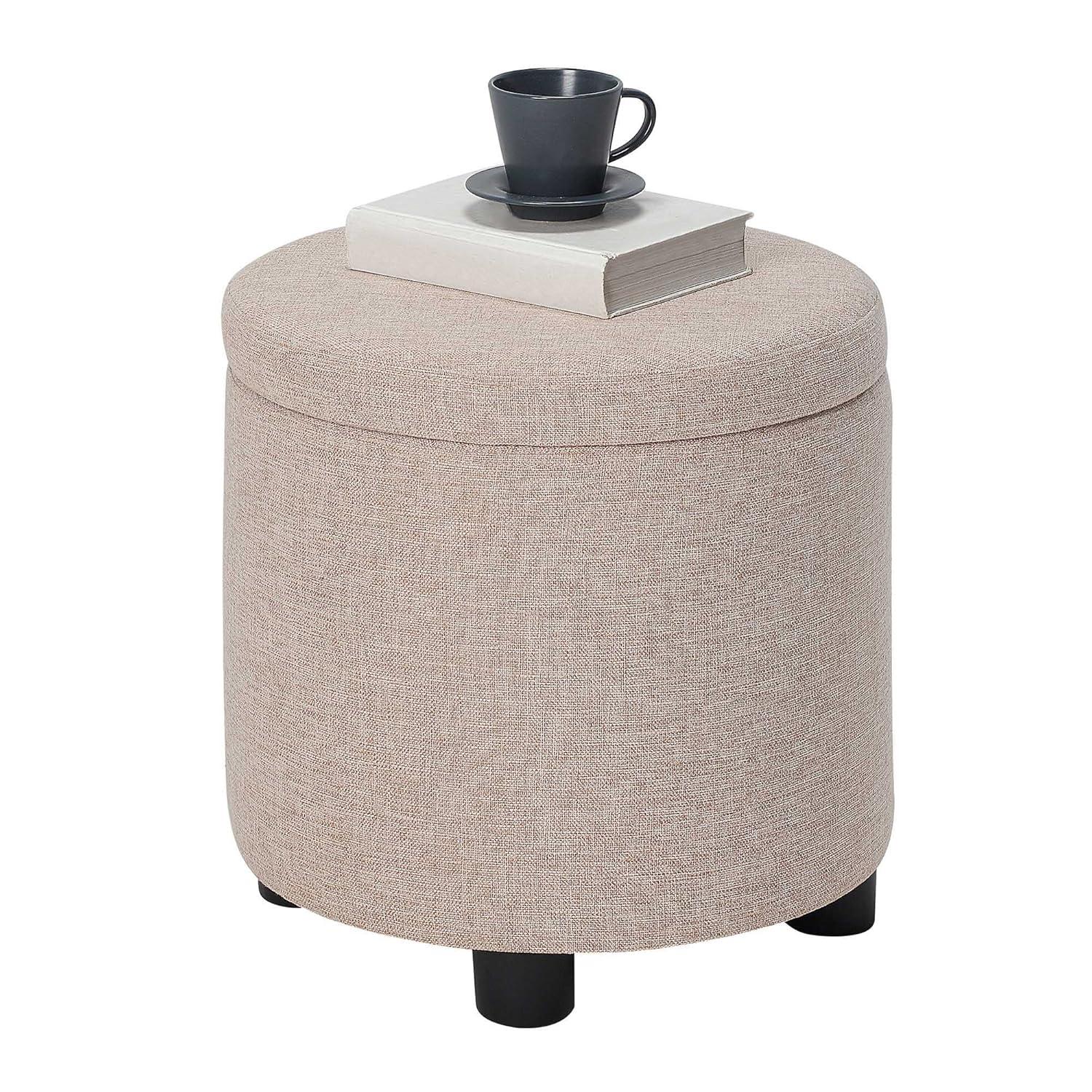 Designs4Comfort Round Accent Storage Ottoman with Reversible Tray Lid, Tan Fabric