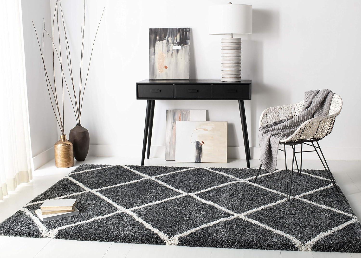 Modern Trellis Dark Grey & Ivory Square Shag Rug