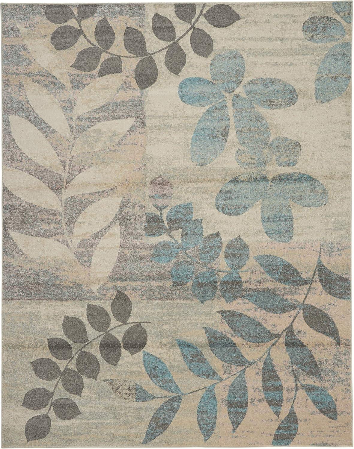 Serene Botanical Ivory & Light Blue 8'10" x 11'10" Viscose Area Rug