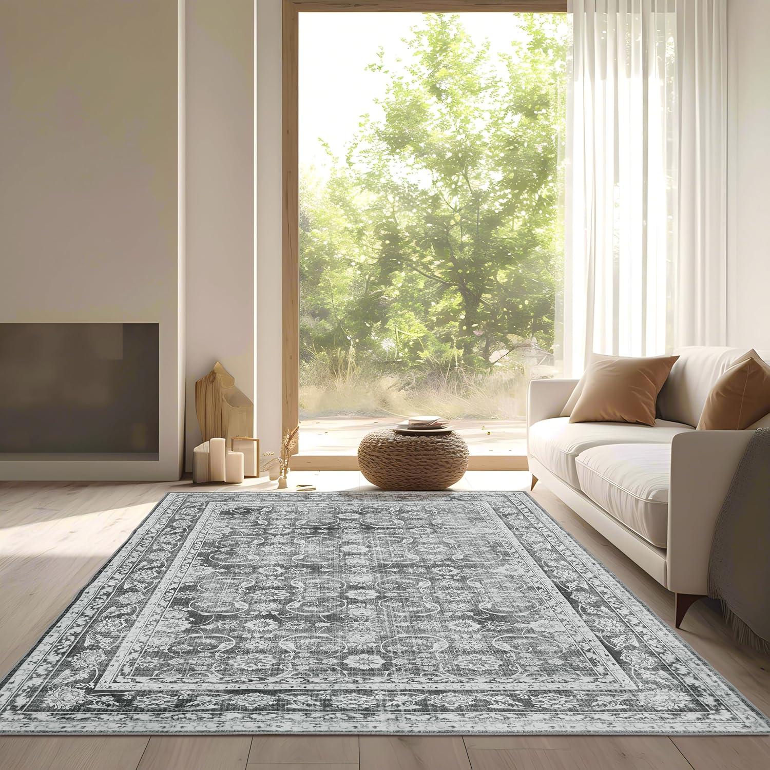 Gray and White Vintage Oriental Chenille Area Rug 5' x 7'