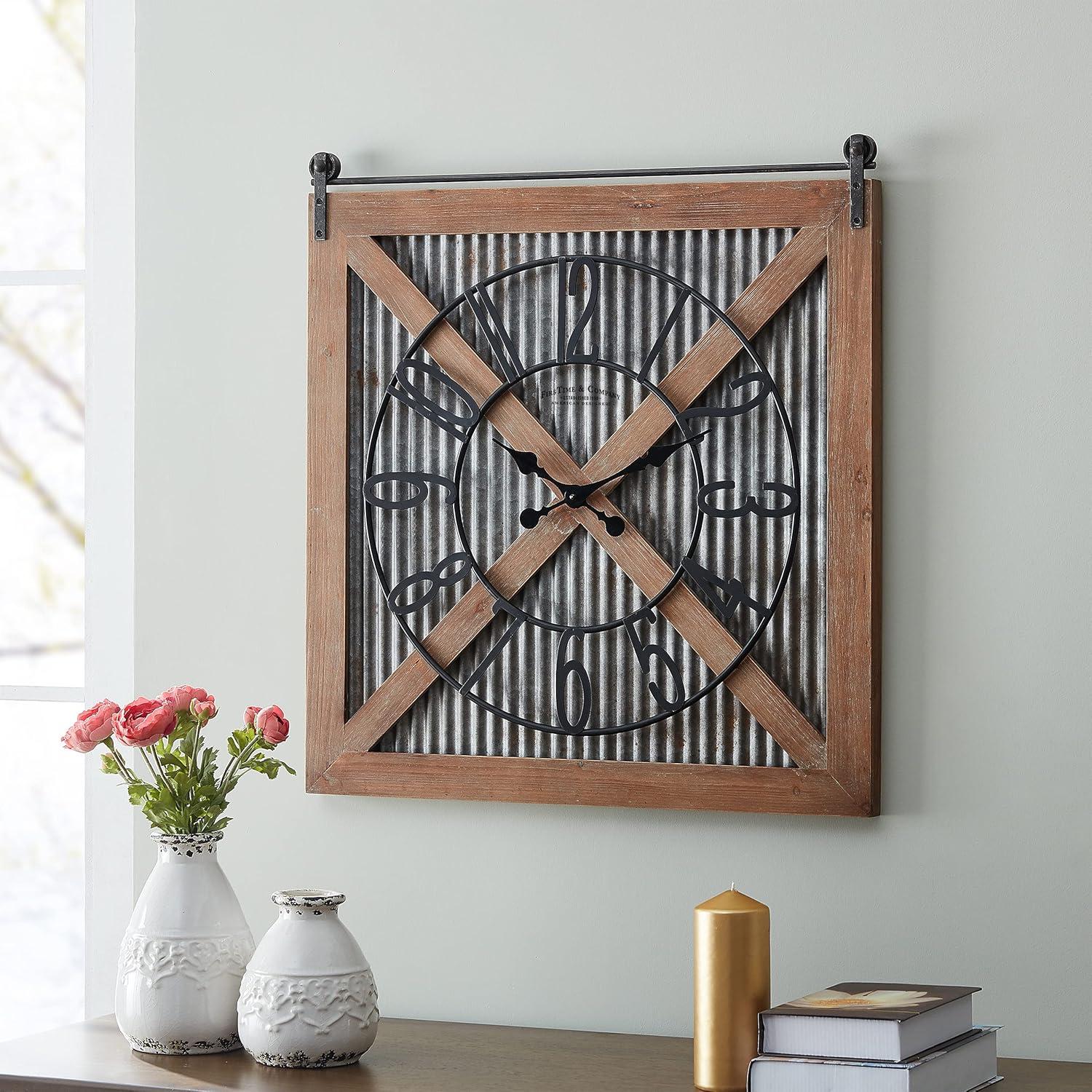 FirsTime & Co. Brown And Silver Fieldhaven Barn Door Wall Clock, Farmhouse, Analog, 27 x 2 x 29 in